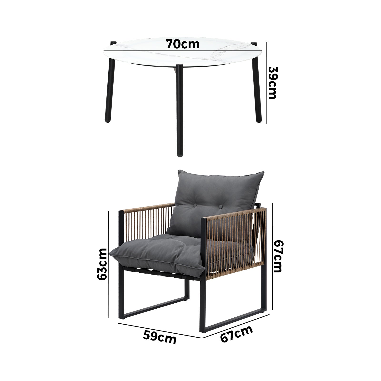 Livsip Outdoor Patio Set Furniture White 70cm Coffee Table Rattan Chairs 3PCS - Sunyee