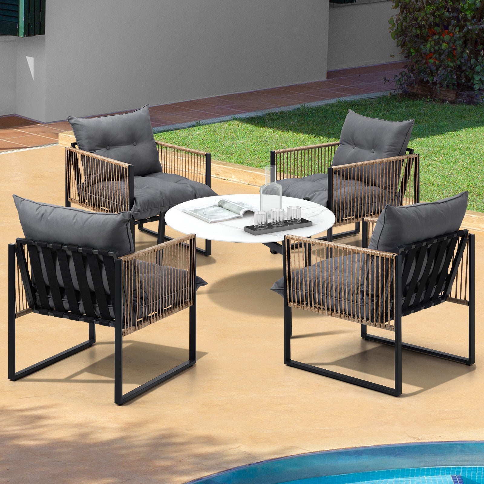 Livsip Outdoor Patio Set Furniture White 70cm Coffee Table Rattan Chairs 5PCS - Sunyee