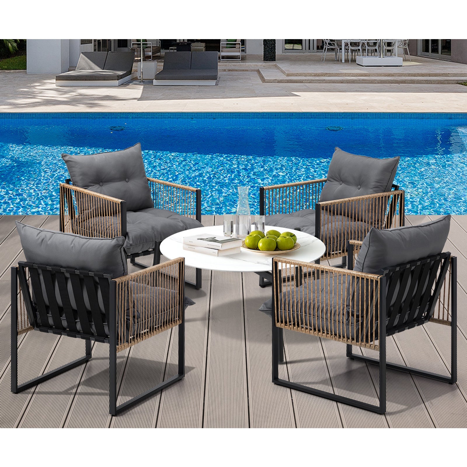 Livsip Outdoor Patio Set Furniture White 70cm Coffee Table Rattan Chairs 5PCS - Sunyee