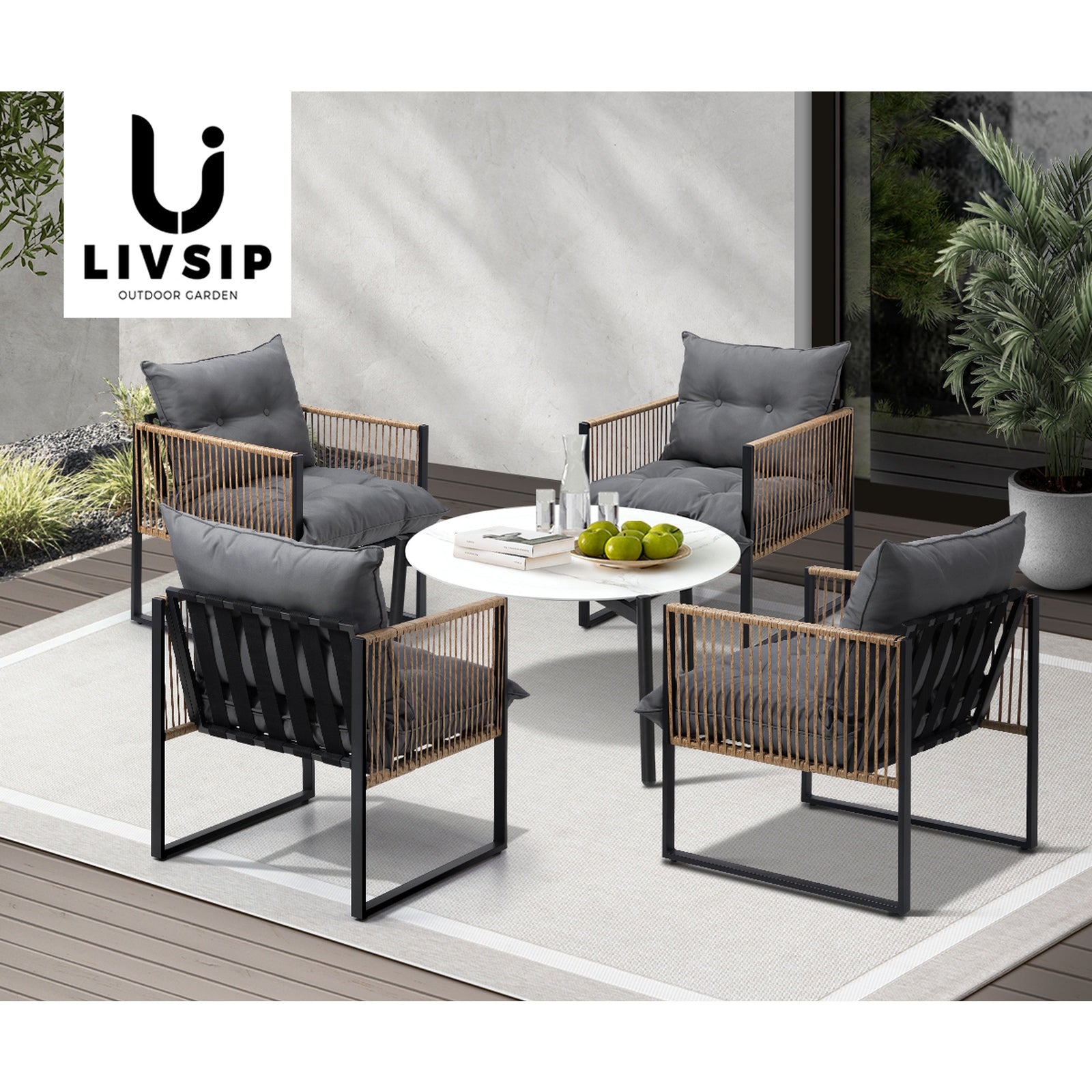 Livsip Outdoor Patio Set Furniture White 70cm Coffee Table Rattan Chairs 5PCS - Sunyee