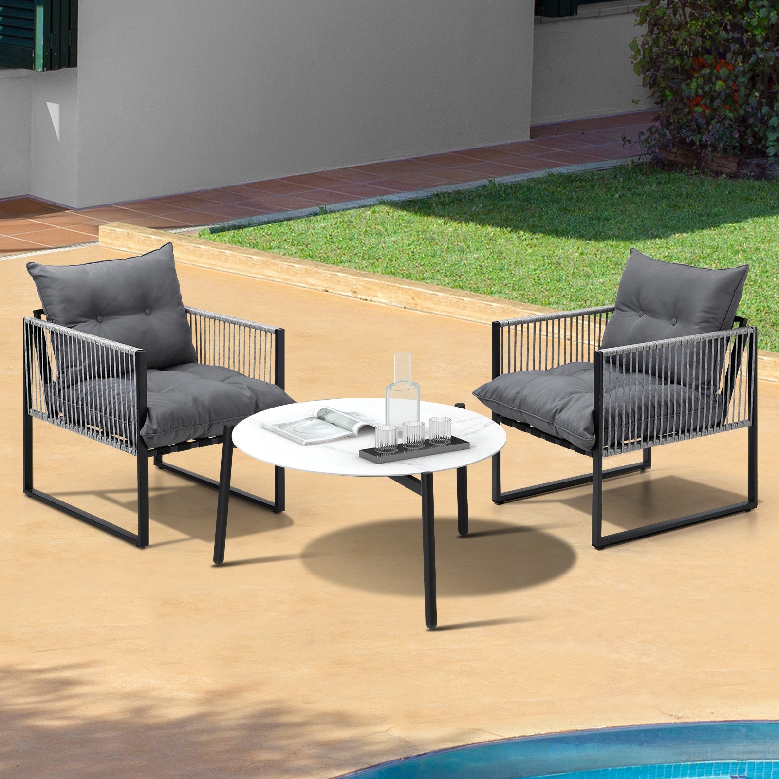 Livsip 3PCS Outdoor Patio Set Table Garden Lounge Chairs White 70cm Coffee Table - Sunyee