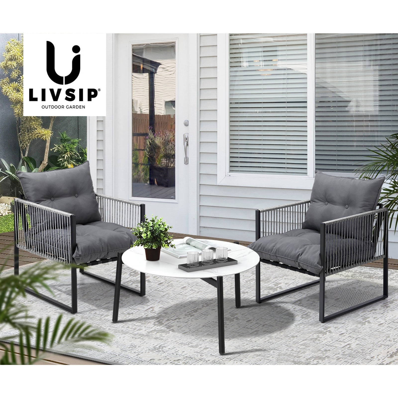 Livsip 3PCS Outdoor Patio Set Table Garden Lounge Chairs White 70cm Coffee Table - Sunyee