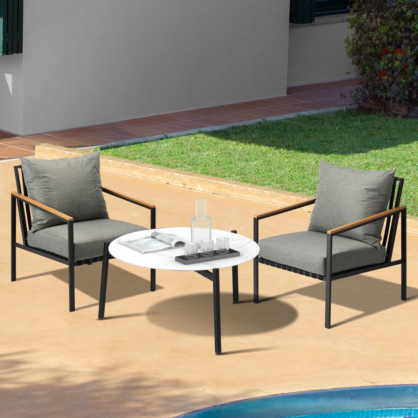 Livsip Outdoor Lounge Set Patio Furniture Coffee White 70cm Table Chairs 3PCS - Sunyee