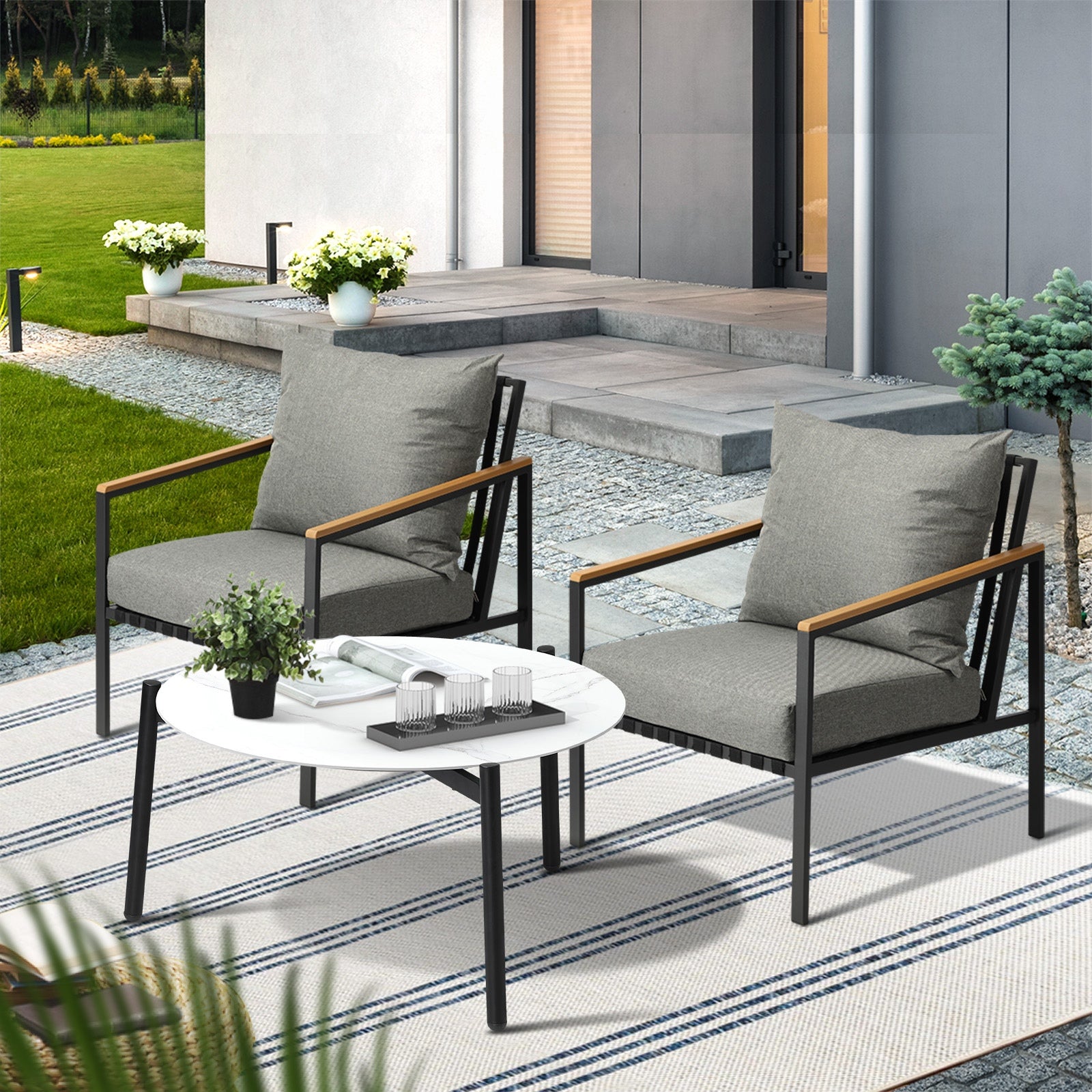 Livsip Outdoor Lounge Set Patio Furniture Coffee White 70cm Table Chairs 3PCS - Sunyee