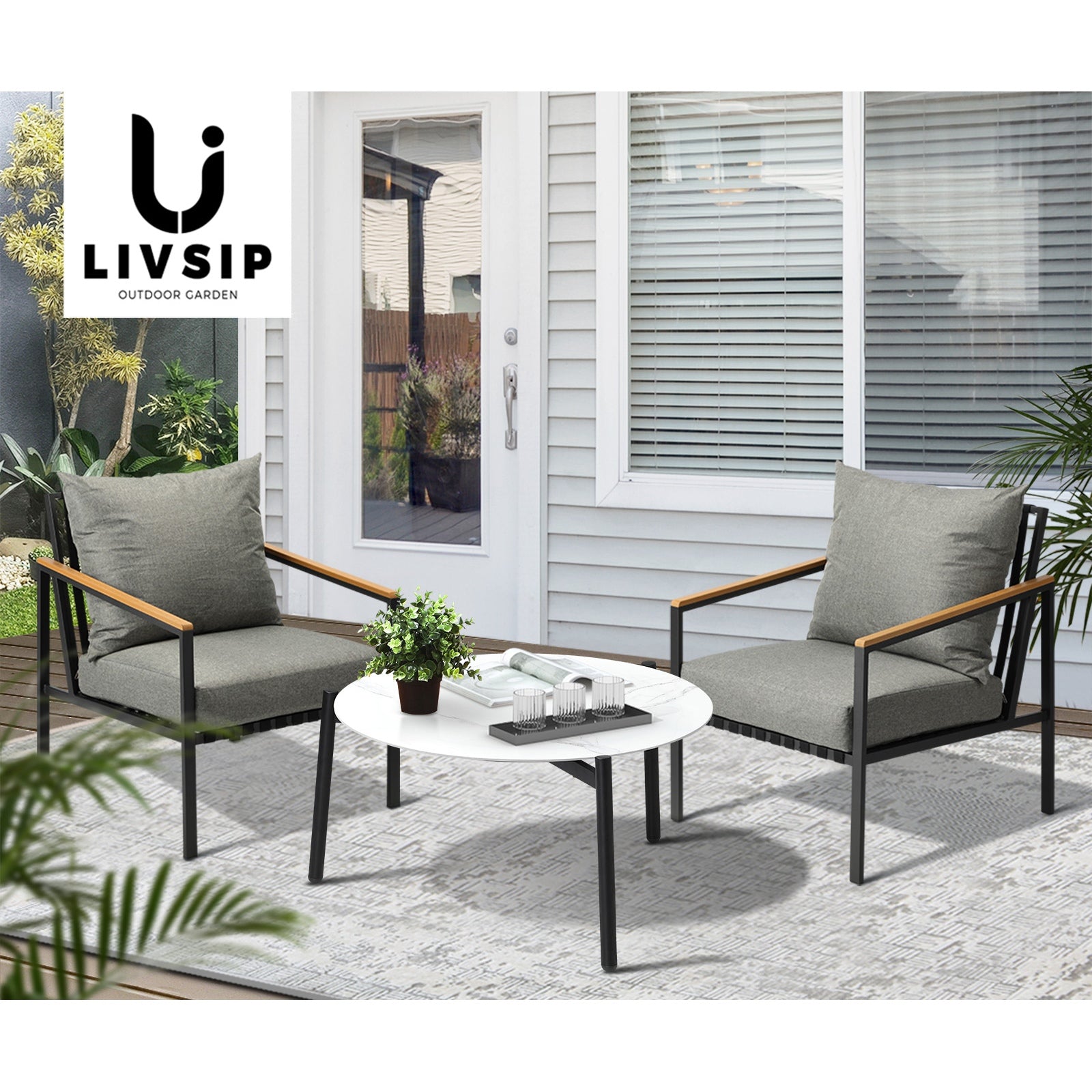 Livsip Outdoor Lounge Set Patio Furniture Coffee White 70cm Table Chairs 3PCS - Sunyee