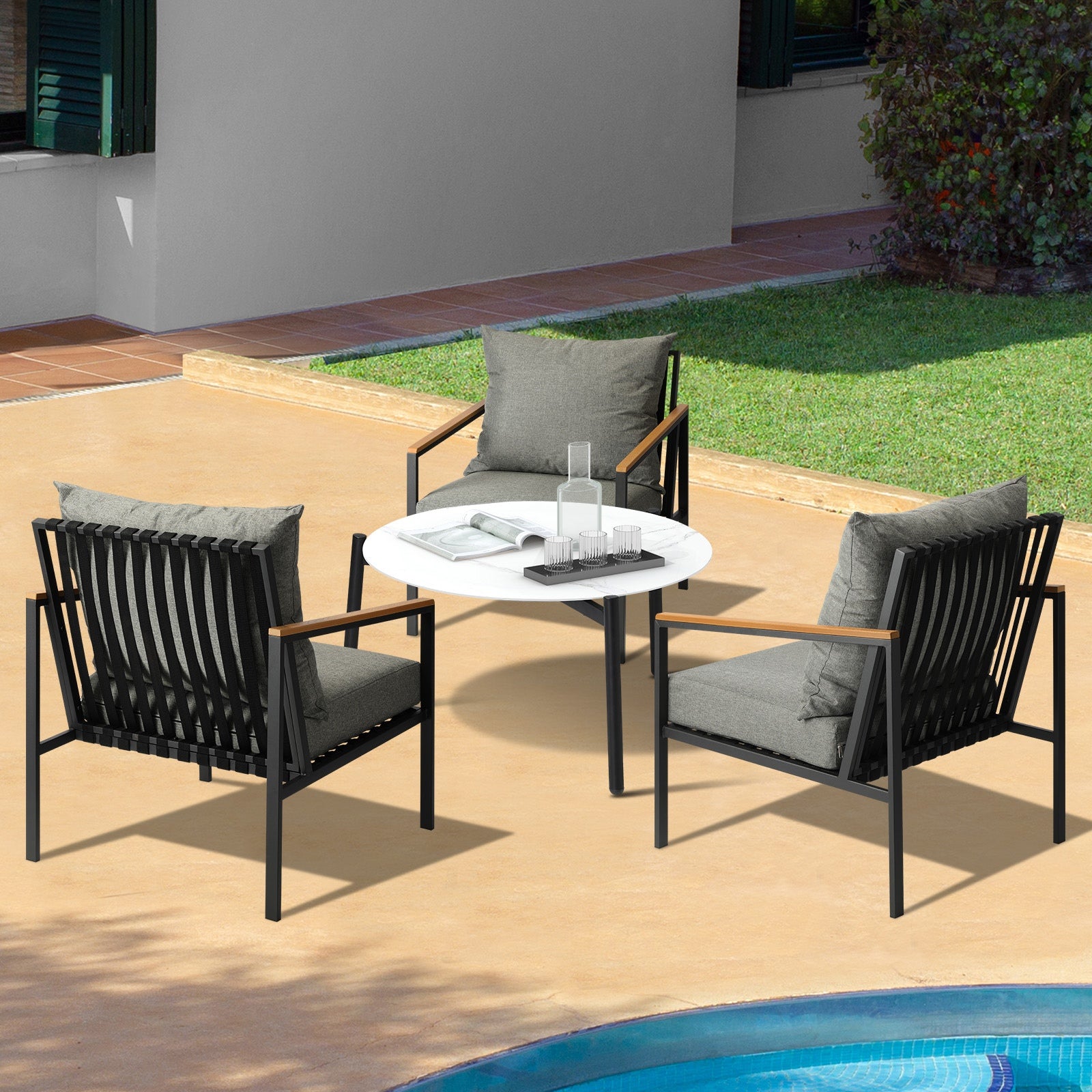 Livsip Outdoor Lounge Set Patio Furniture Coffee White 70cm Table Chairs 4PCS - Sunyee