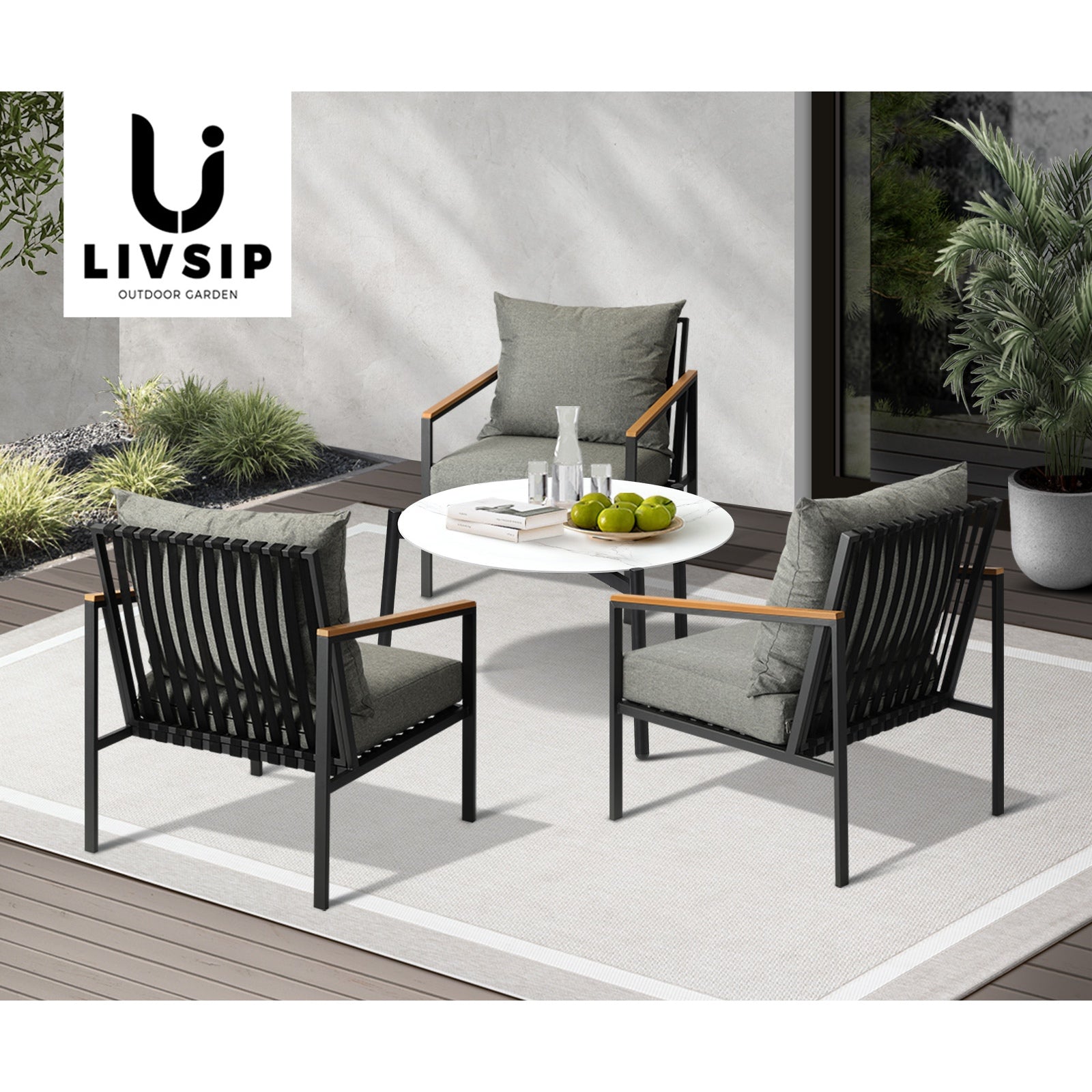 Livsip Outdoor Lounge Set Patio Furniture Coffee White 70cm Table Chairs 4PCS - Sunyee