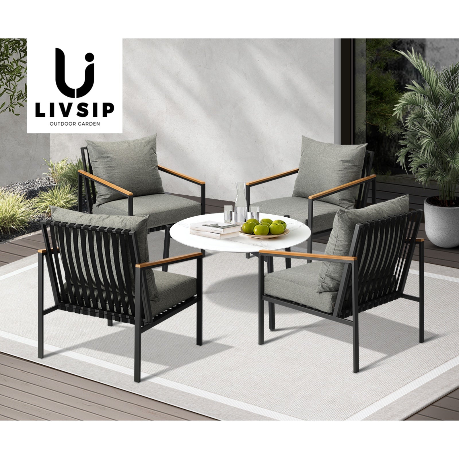Livsip Outdoor Lounge Set Patio Furniture Coffee White 70cm Table Chairs 5PCS - Sunyee