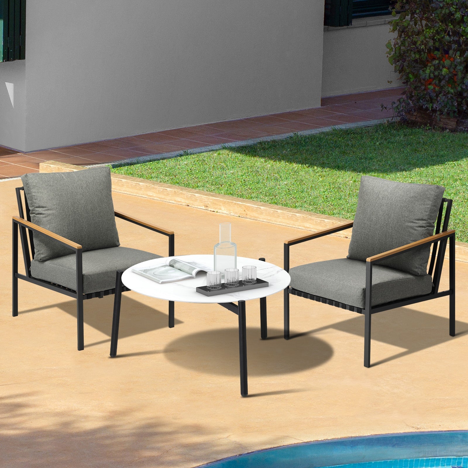 Livsip Outdoor Patio Lounge Set Furniture White 70cm Coffee Table Sofa Chair 3PC - Sunyee