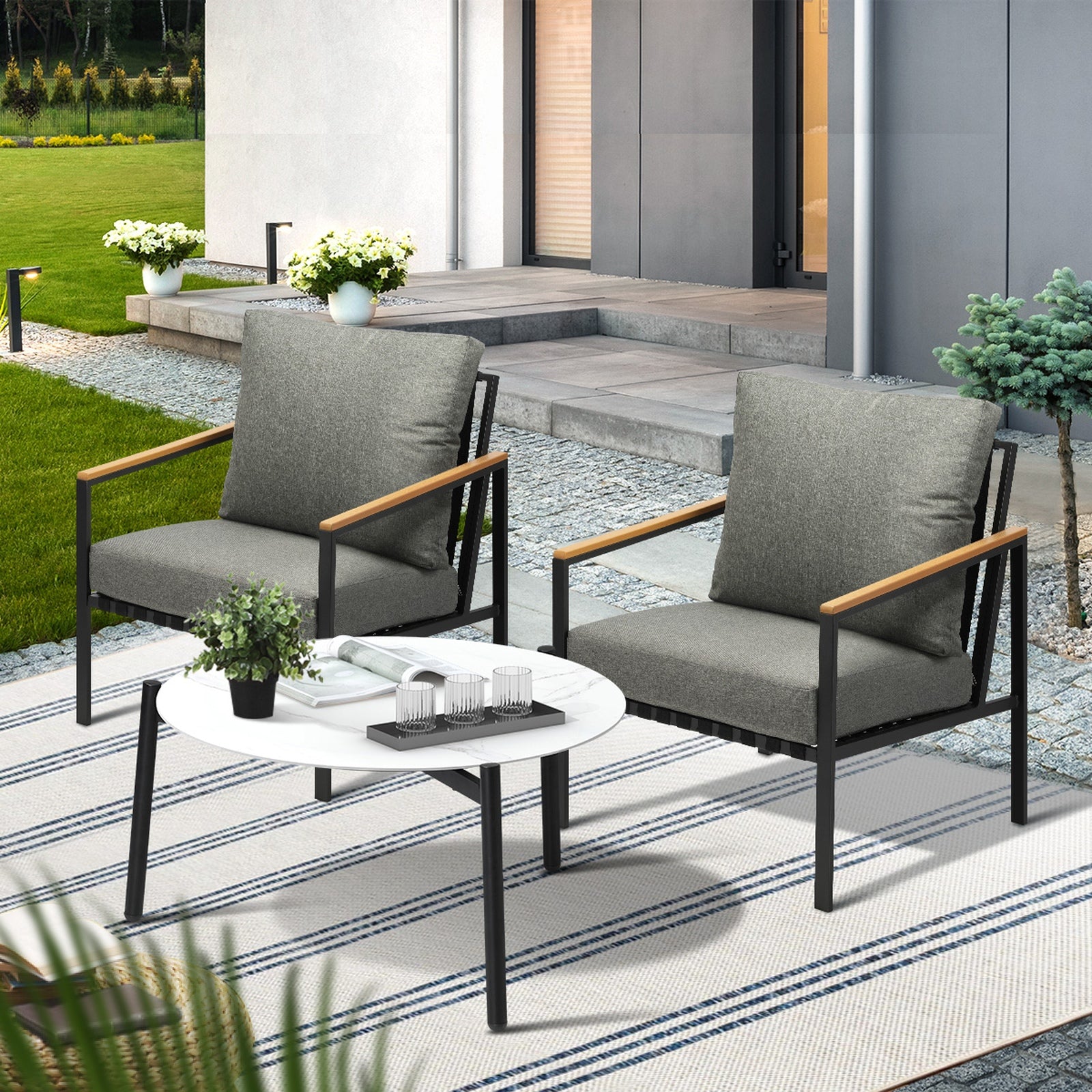 Livsip Outdoor Patio Lounge Set Furniture White 70cm Coffee Table Sofa Chair 3PC - Sunyee