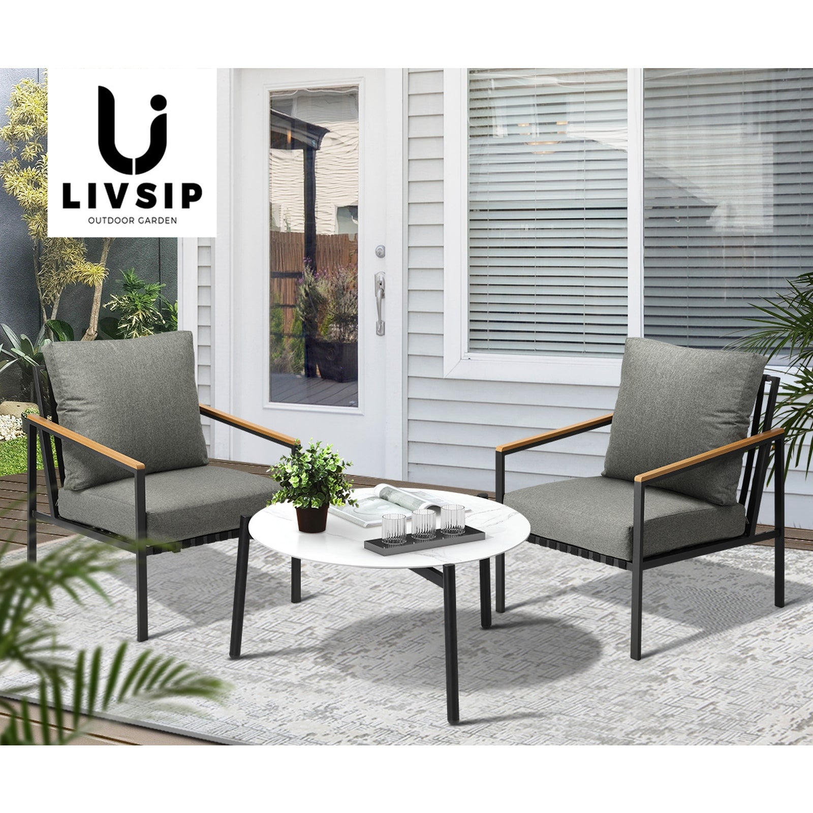Livsip Outdoor Patio Lounge Set Furniture White 70cm Coffee Table Sofa Chair 3PC - Sunyee
