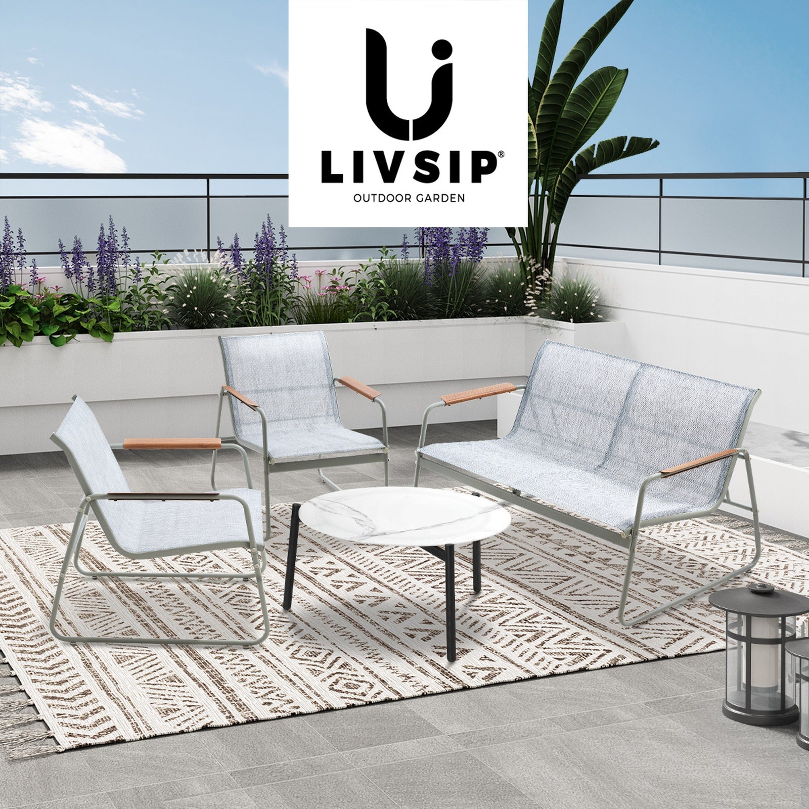 Livsip Outdoor Patio Setting 4x Chairs 70cm Coffee Table Garden Furniture Lounge - Sunyee