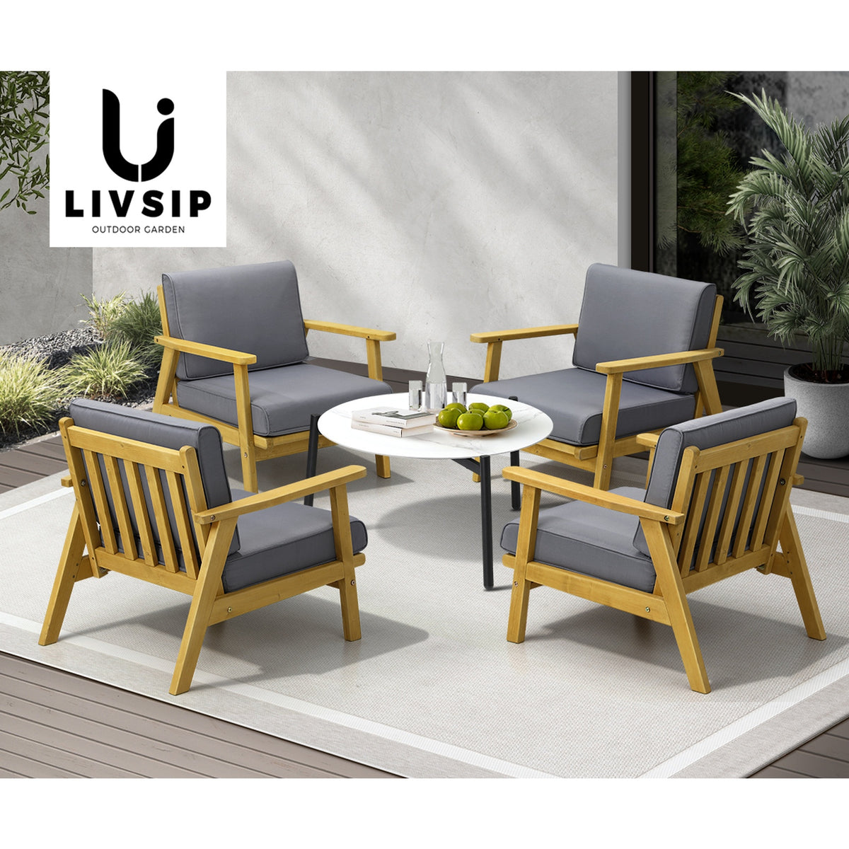 Livsip Outdoor Lounge Set 5PCS Patio Furniture Sets 70cm White Coffee Side Table - Sunyee