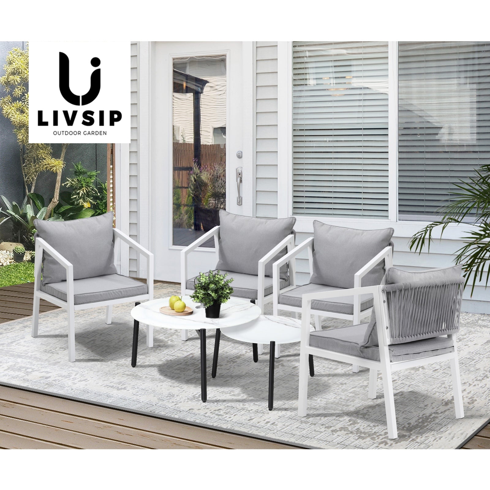 Livsip 6PCS Outdoor Patio Setting Furniture Lounge White 70cm Coffee Table Set - Sunyee