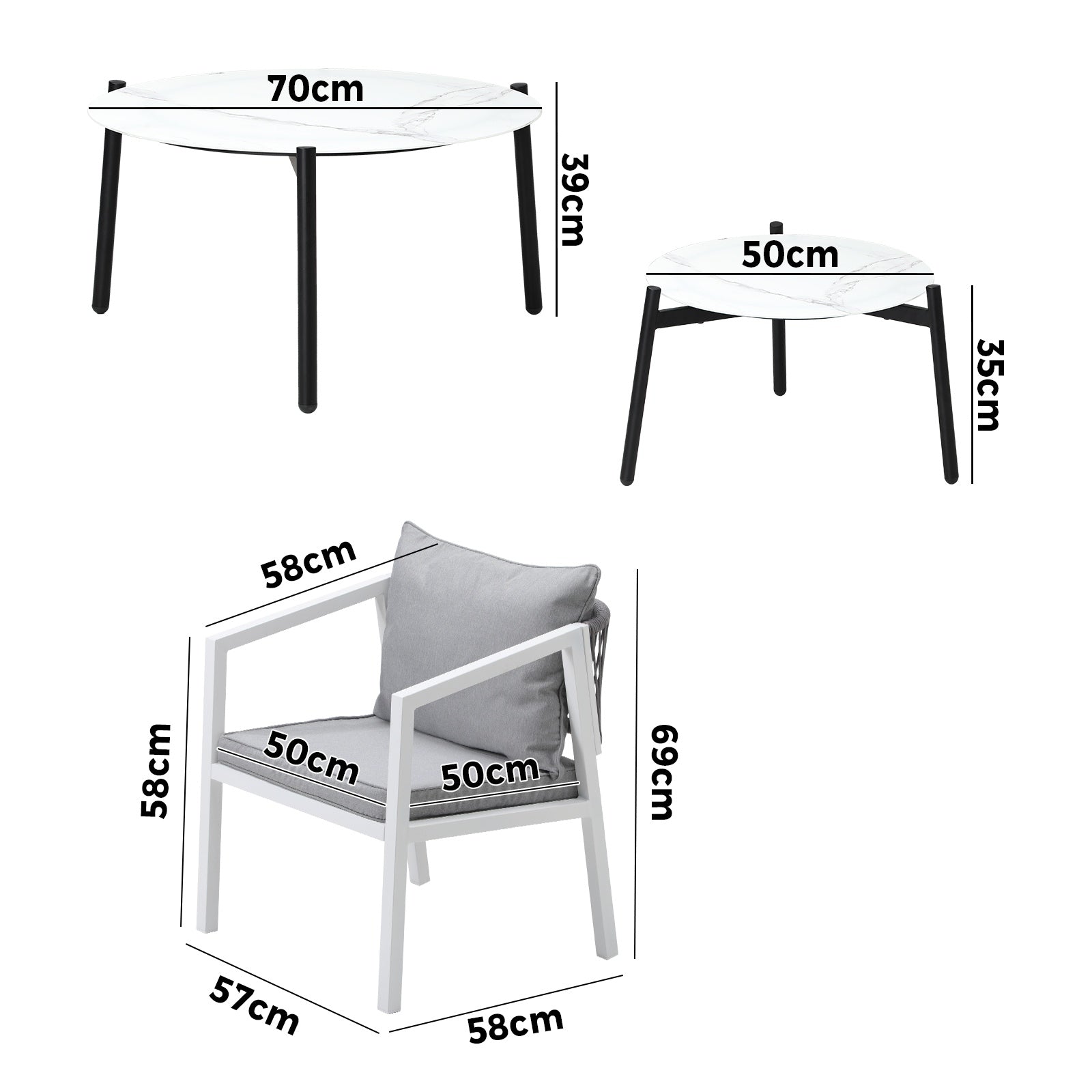 Livsip 6PCS Outdoor Patio Setting Furniture Lounge White 70cm Coffee Table Set - Sunyee