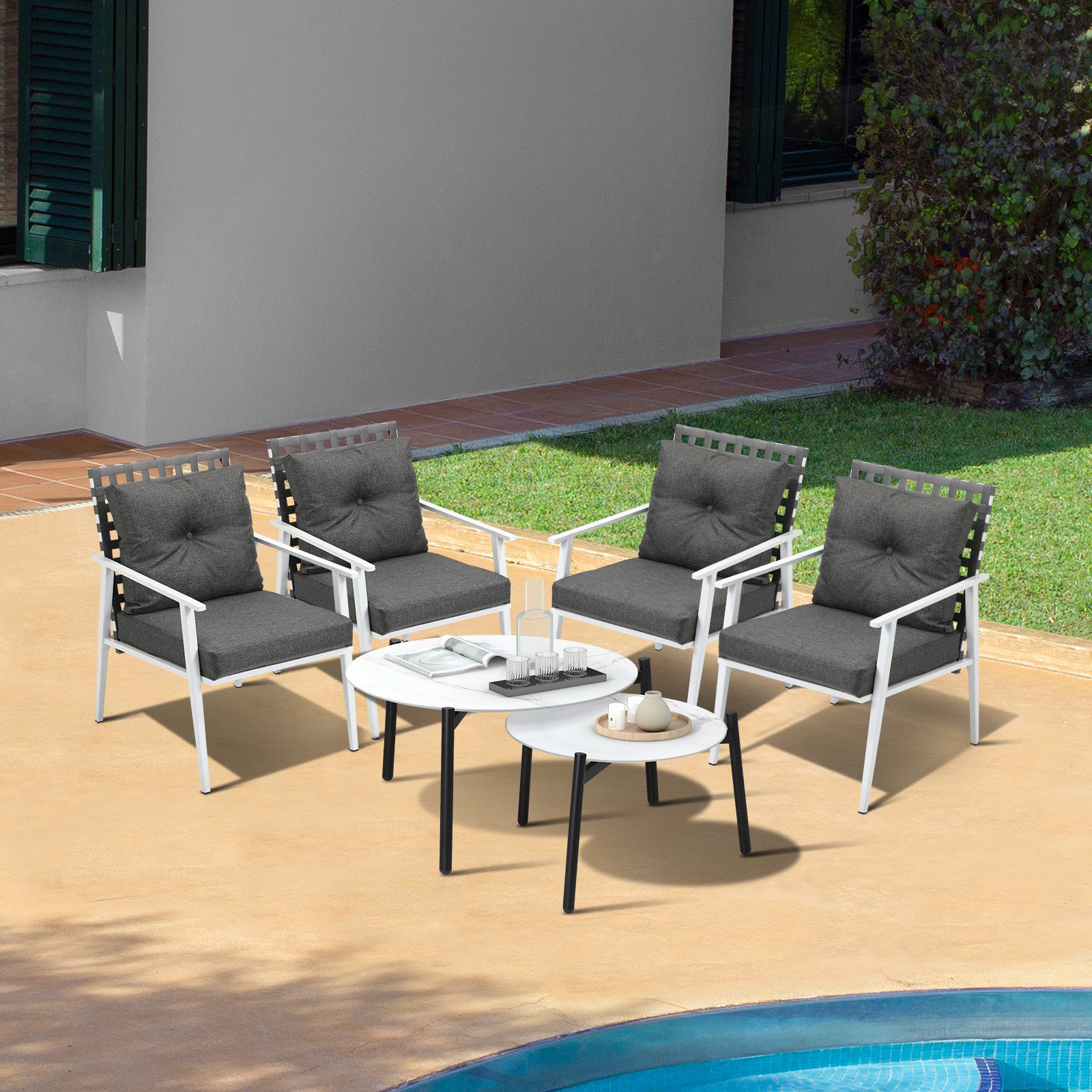 Livsip Outdoor Lounge Sets 6pc Patio Set White Round Table 4pc Rattan Chairs - Sunyee