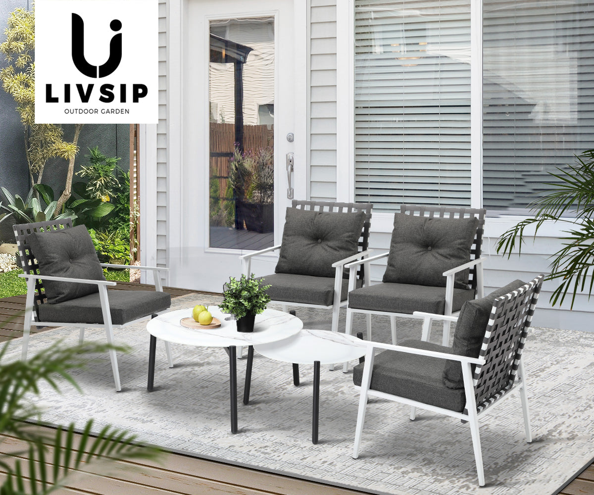 Livsip Outdoor Lounge Sets 6pc Patio Set White Round Table 4pc Rattan Chairs - Sunyee