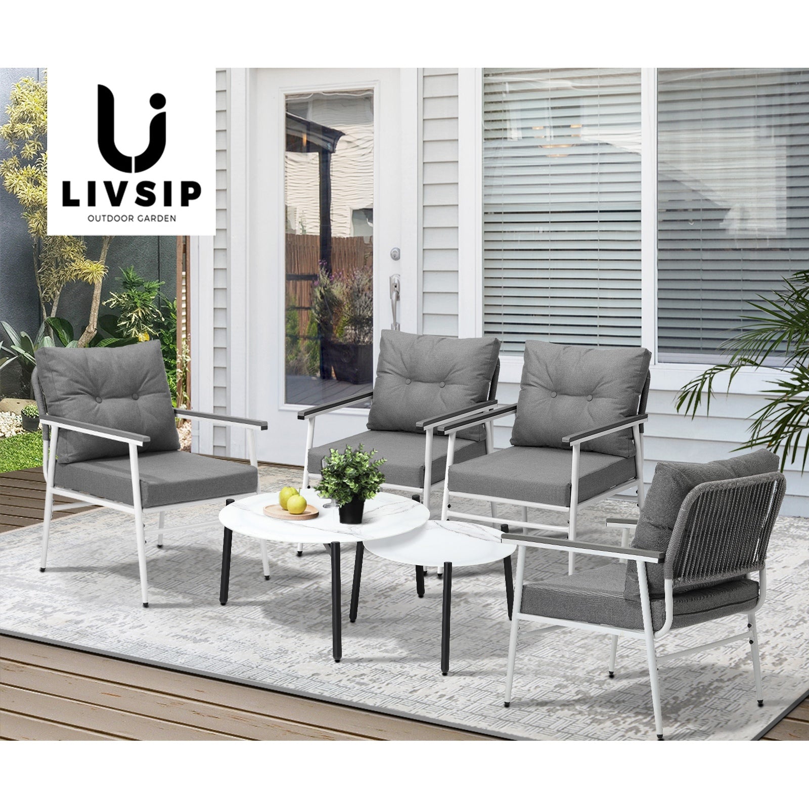 Livsip Outdoor Patio Setting 6PC Bistro Lounge Furniture White Table Sets