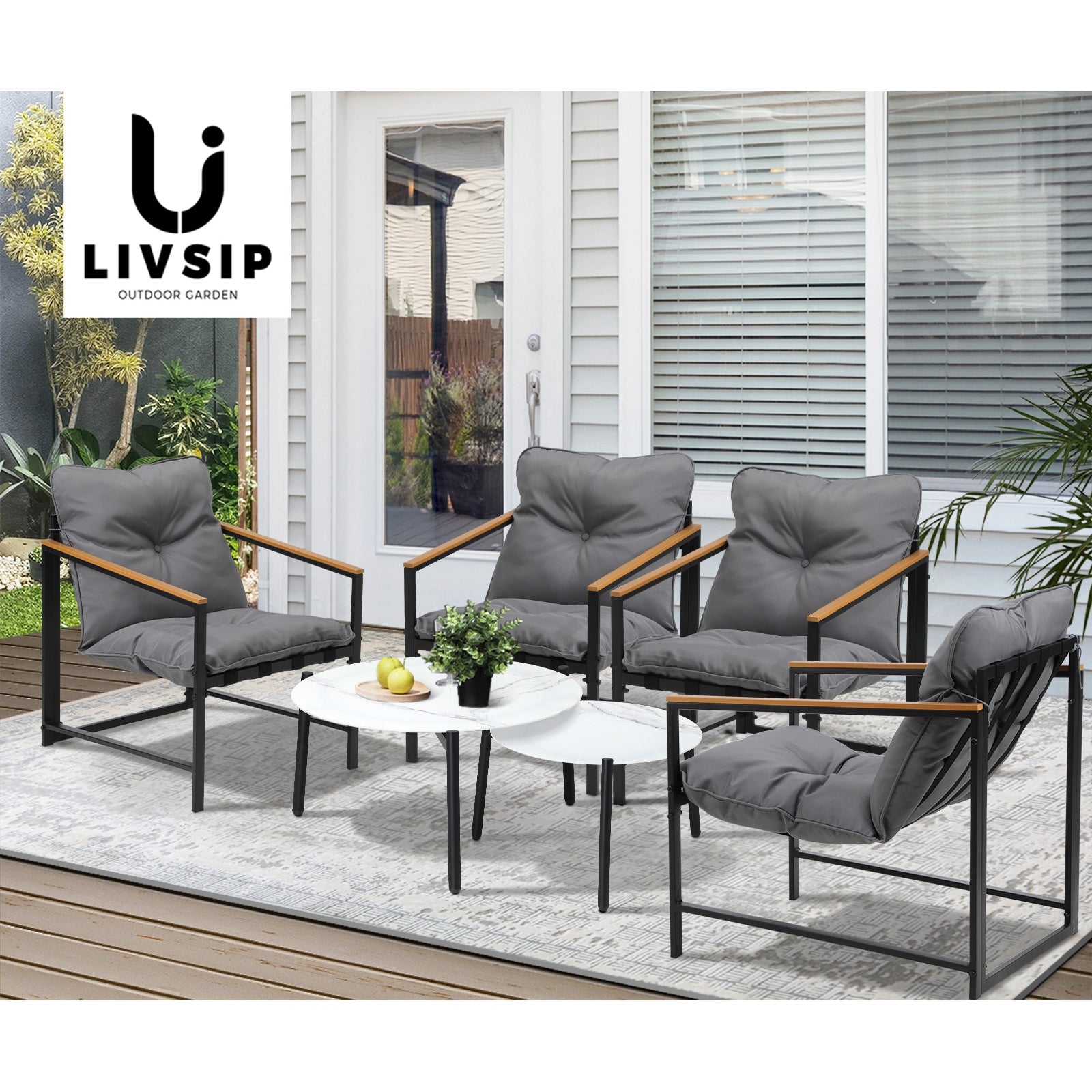 Livsip 6PC Outdoor Patio Furniture Set Round White Marble Table Sets - Sunyee