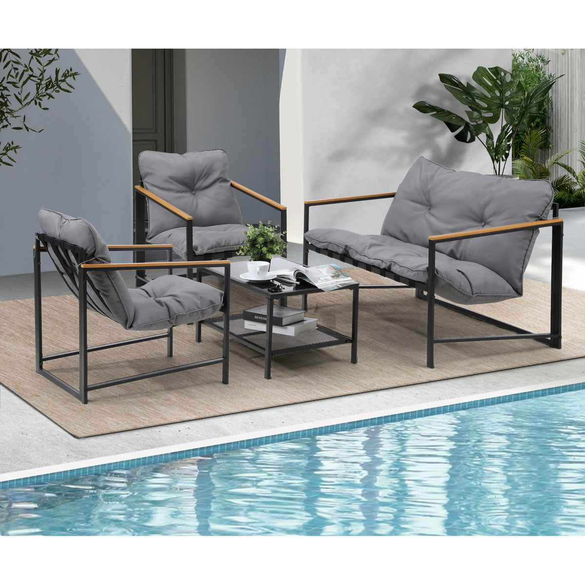 Livsip 4 Seater Outdoor Lounge Sofa Furniture Setting Garden Patio Chairs Table - Sunyee