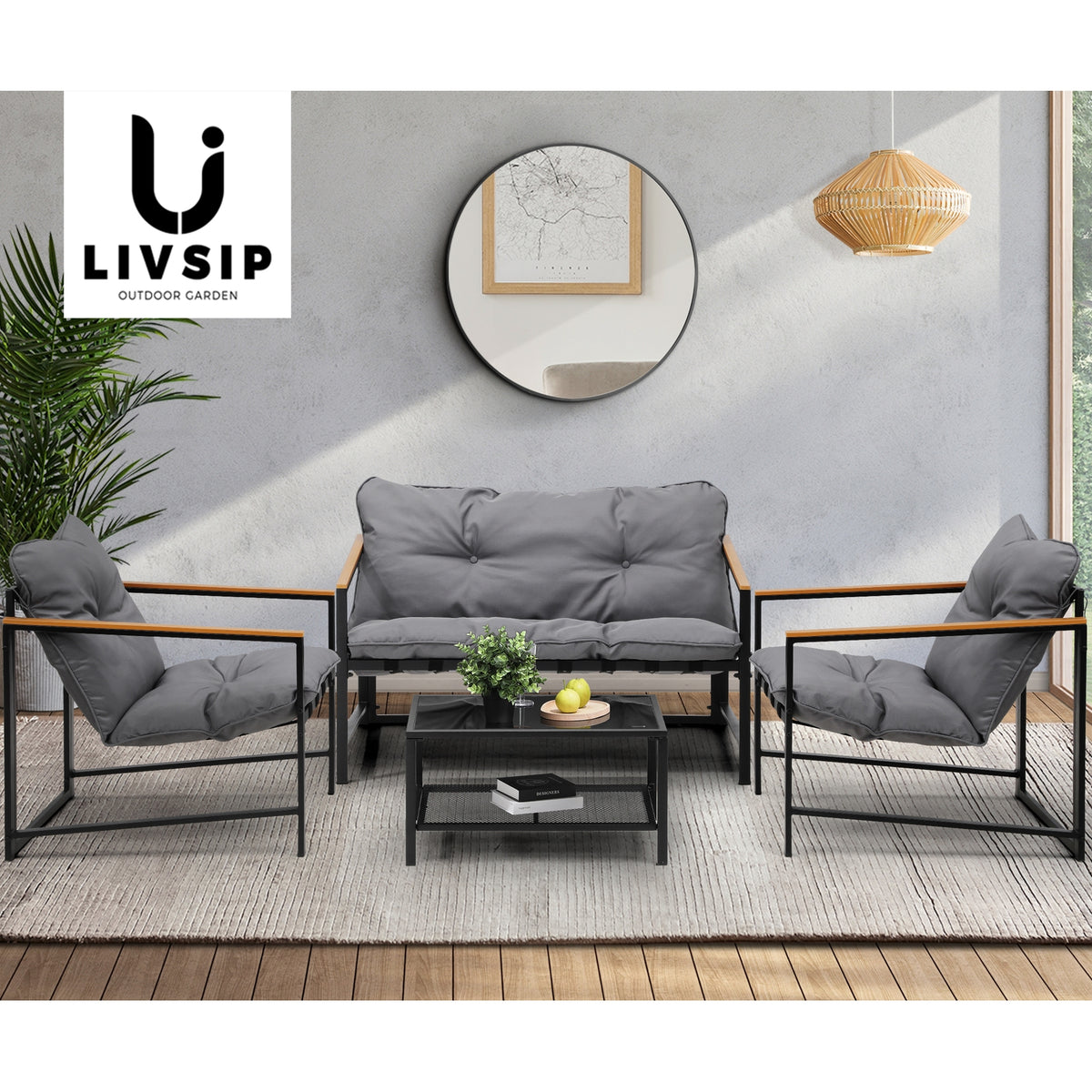 Livsip 4 Seater Outdoor Lounge Sofa Furniture Setting Garden Patio Chairs Table - Sunyee