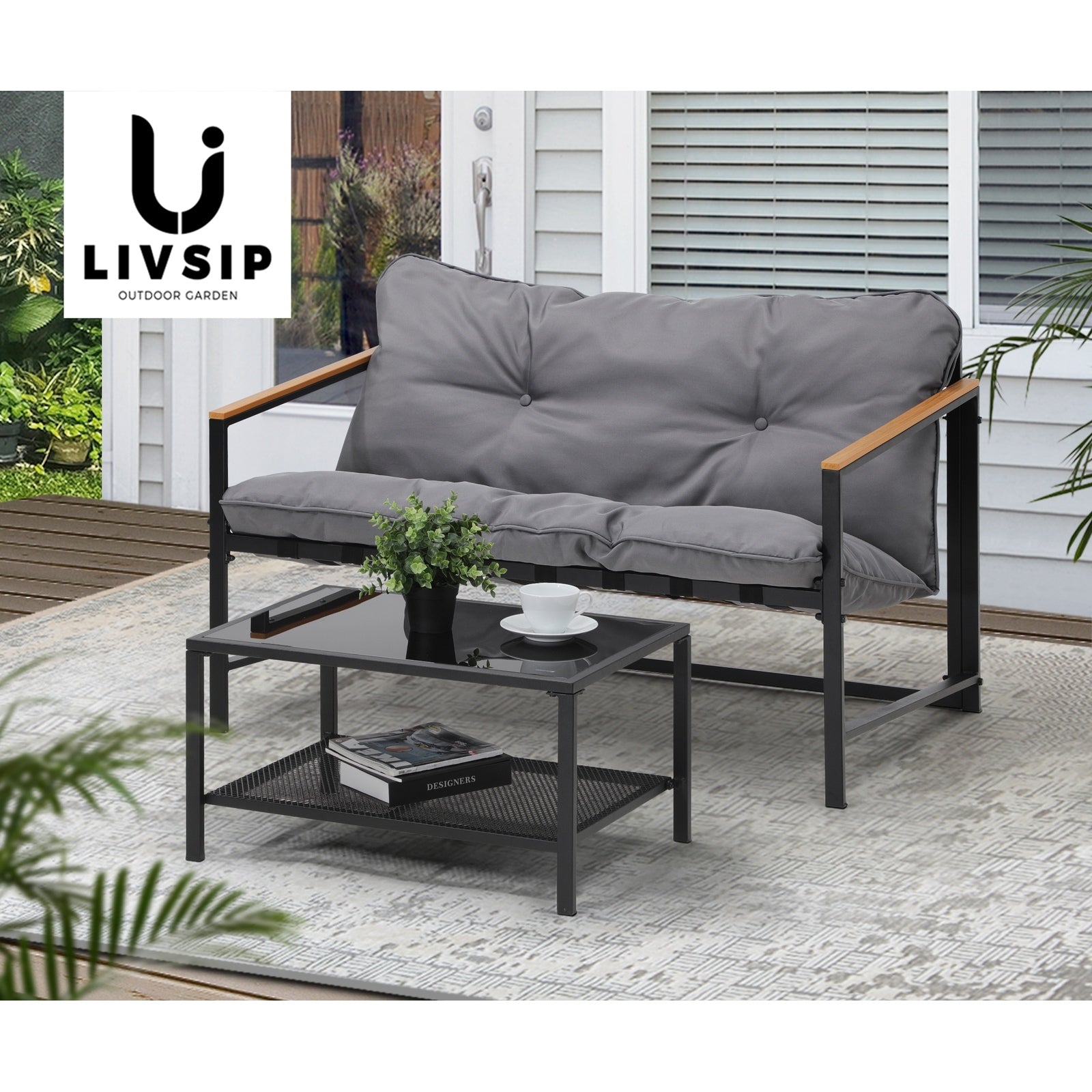 Livsip 2 Piece Outdoor Patio Sofa Set Garden Lounge Setting Furniture - Sunyee
