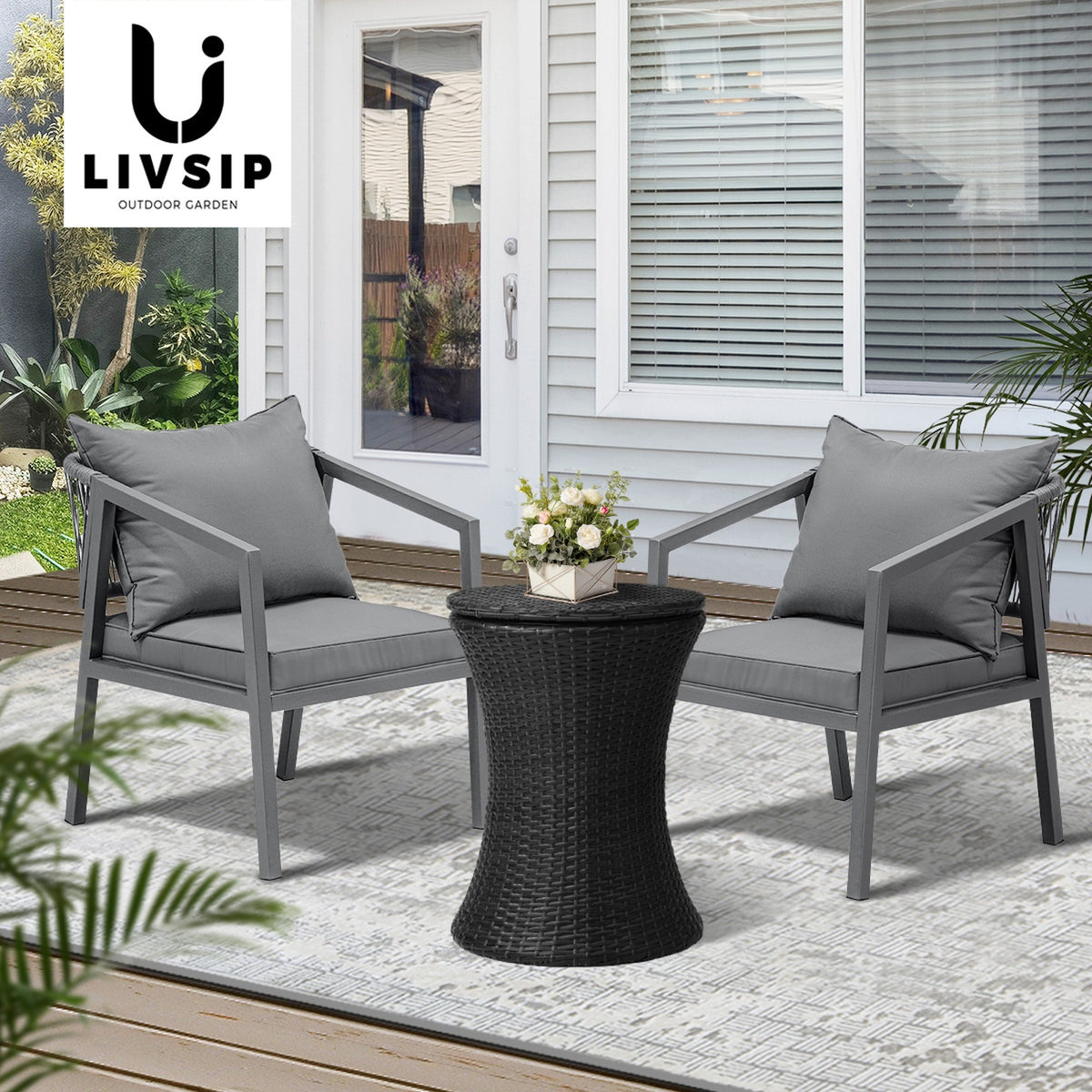 Livsip Outdoor Patio Furniture Set Ice Bucket Black Table Bistro Setting 3pcs - Sunyee