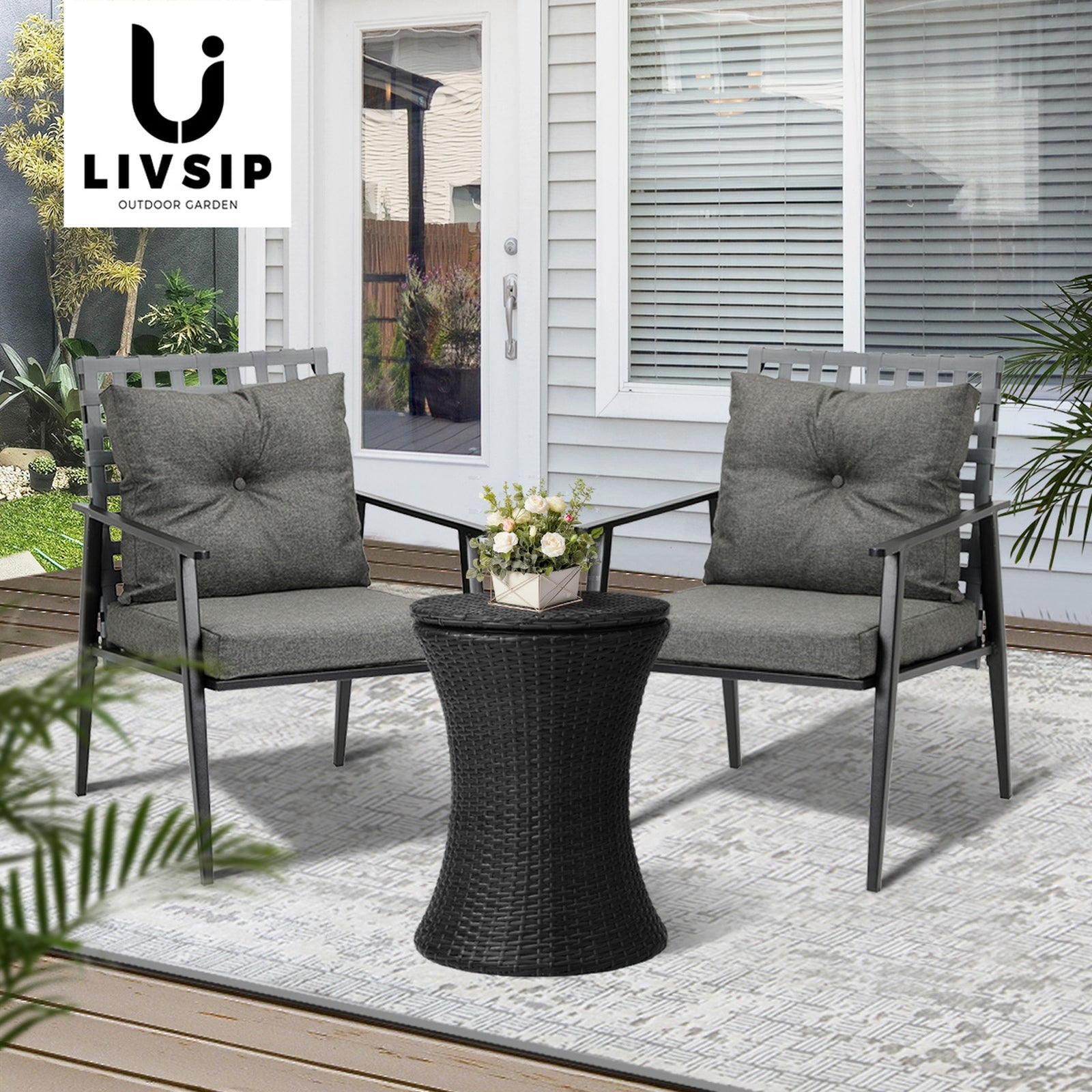 Livsip Outdoor Furniture Setting Ice Bucket Black Table 2 Seater Bistro Set - Sunyee