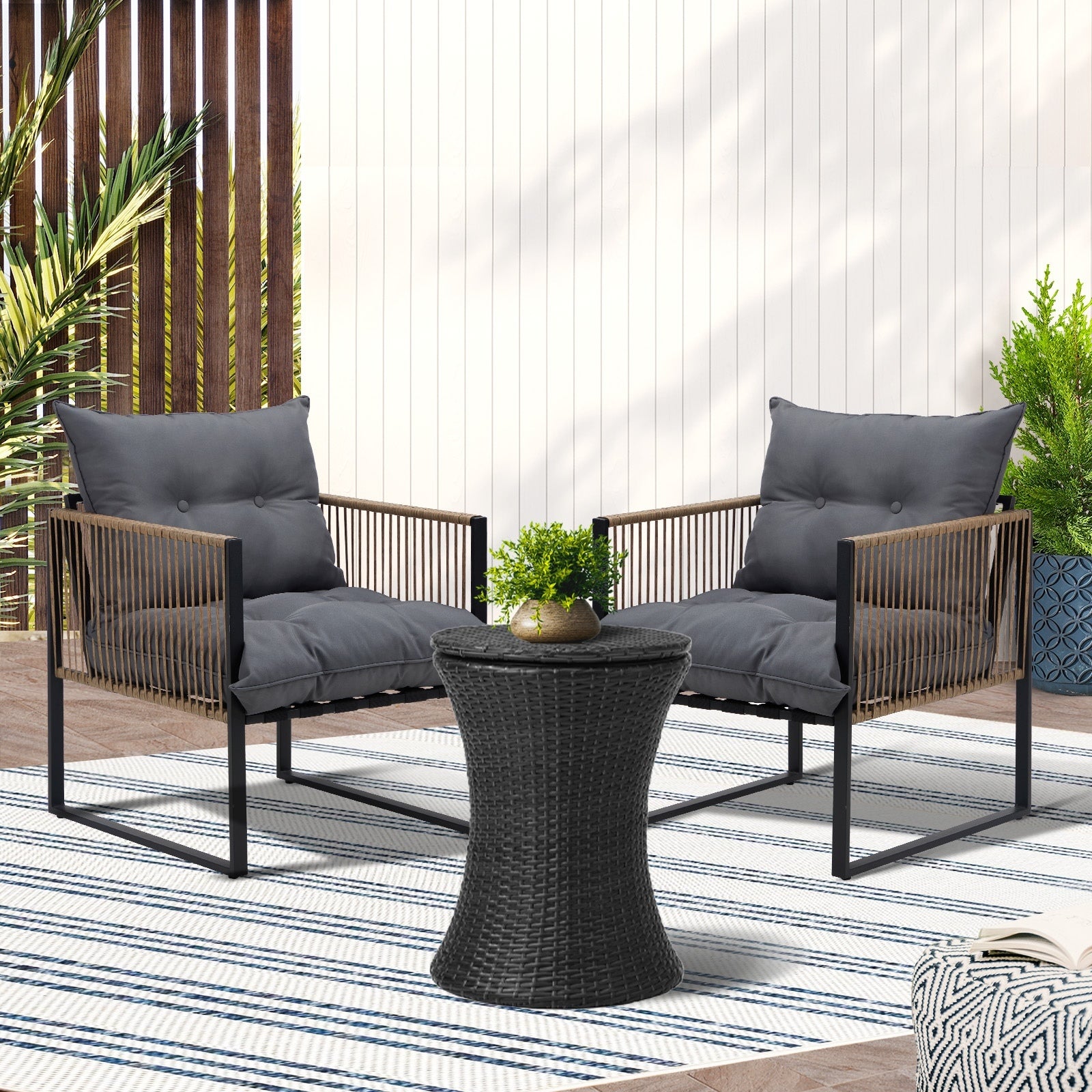 Livsip Outdoor Patio Set Ice Bucket Black Table Rattan Bistro Setting 3pcs - Sunyee