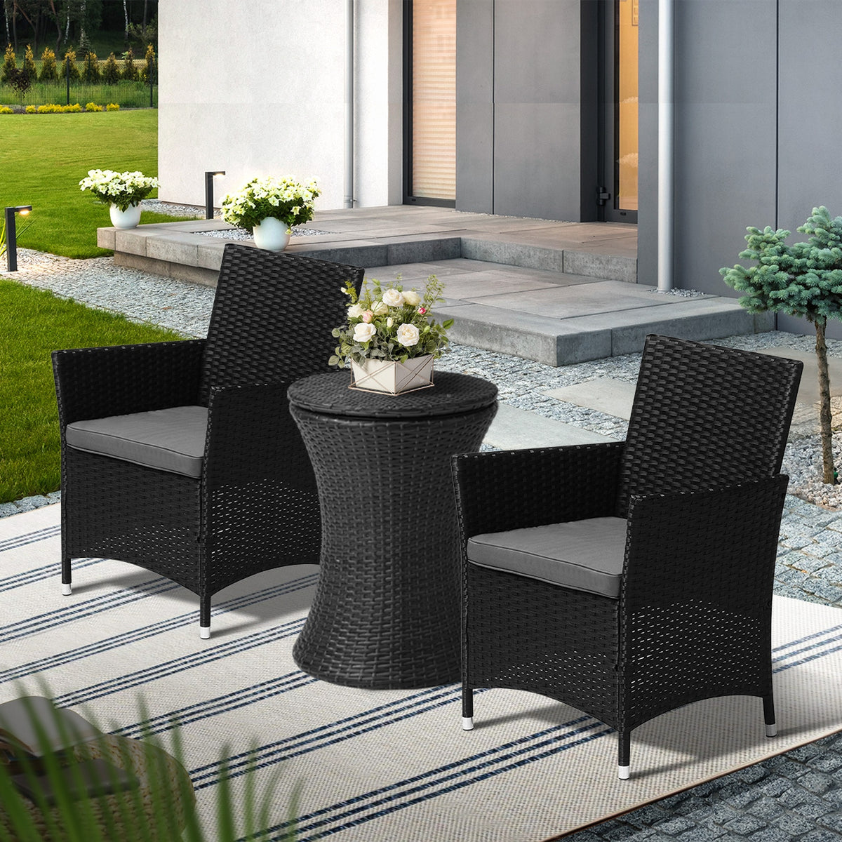 Livsip Outdoor Patio Set Ice Bucket Table Black Bistro Setting 3pcs - Sunyee