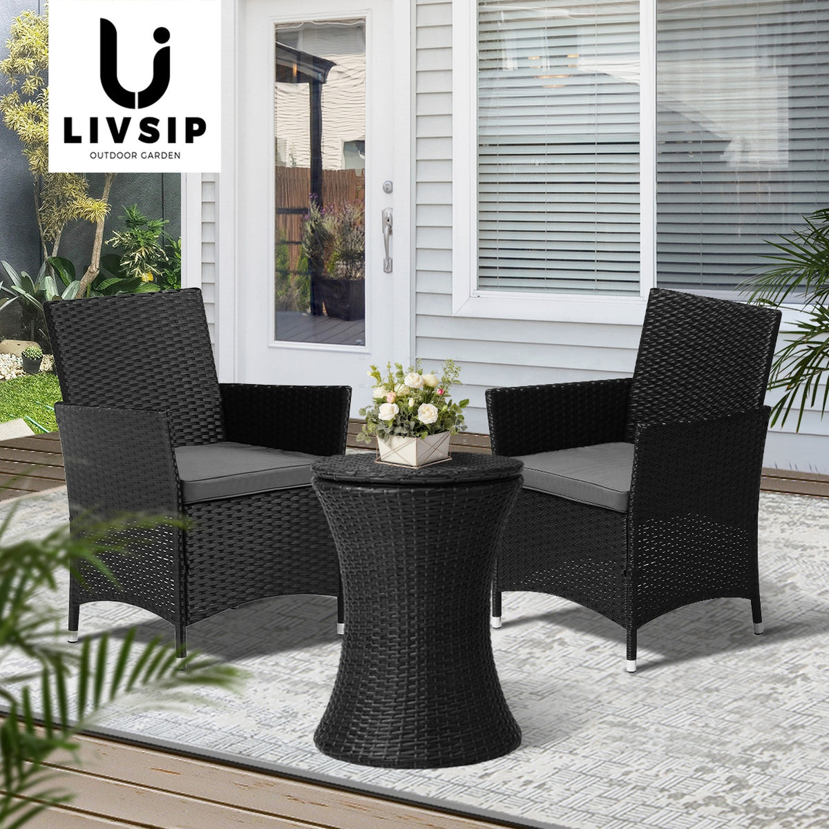 Livsip Outdoor Patio Set Ice Bucket Table Black Bistro Setting 3pcs - Sunyee