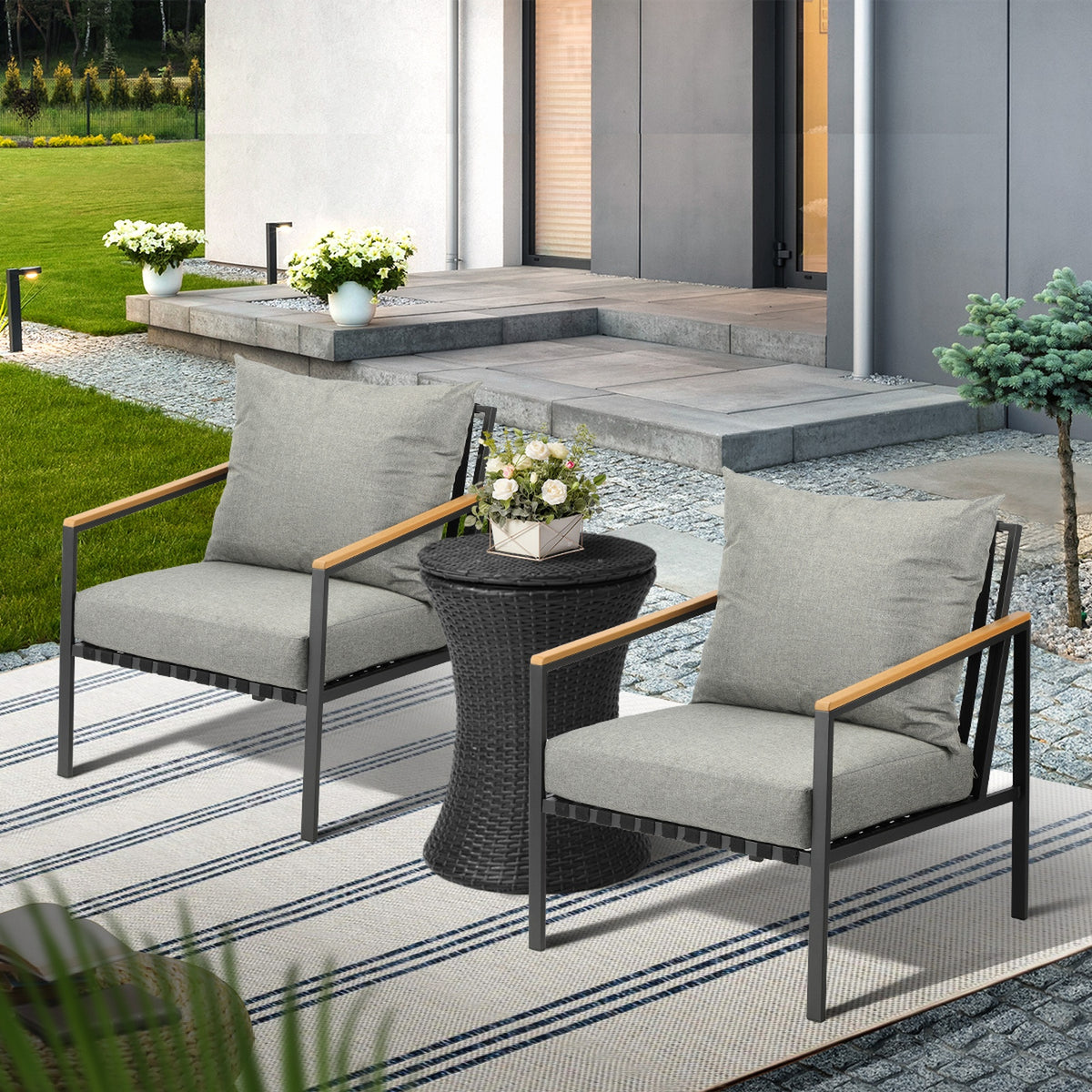 Livsip Outdoor Patio Set Ice Bucket Black Table Sofa Setting 3pcs - Sunyee