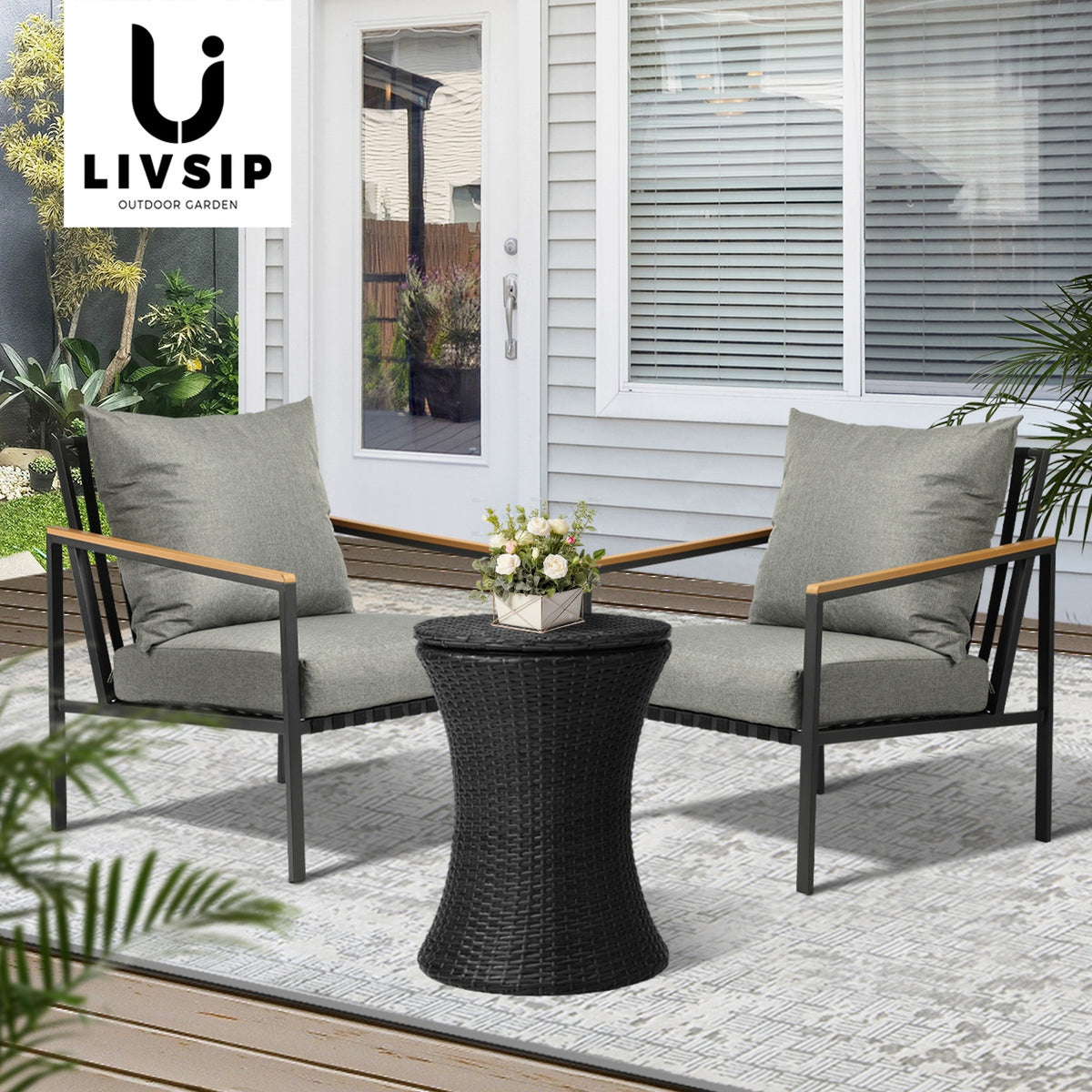 Livsip Outdoor Patio Set Ice Bucket Black Table Sofa Setting 3pcs - Sunyee