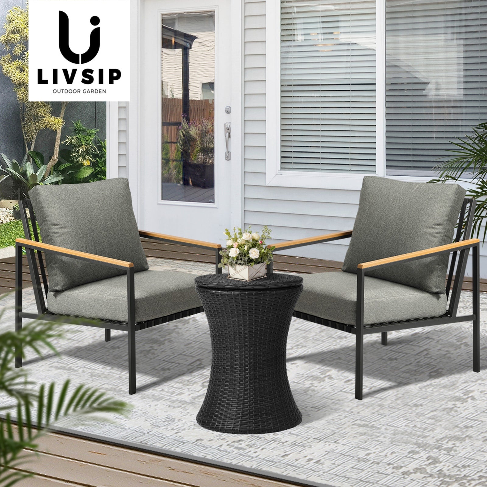 Livsip Outdoor Patio Set Ice Bucket Black Adjustable Table Sofa Setting 3pcs - Sunyee
