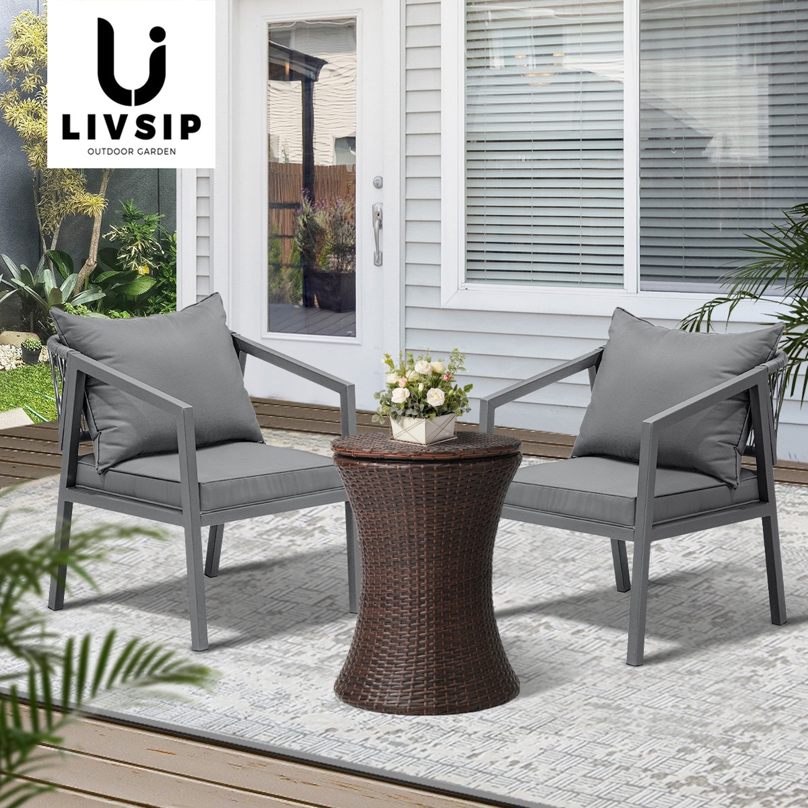 Livsip Outdoor Patio Furniture Set Ice Bucket Brown Table Bistro Setting 3pcs - Sunyee