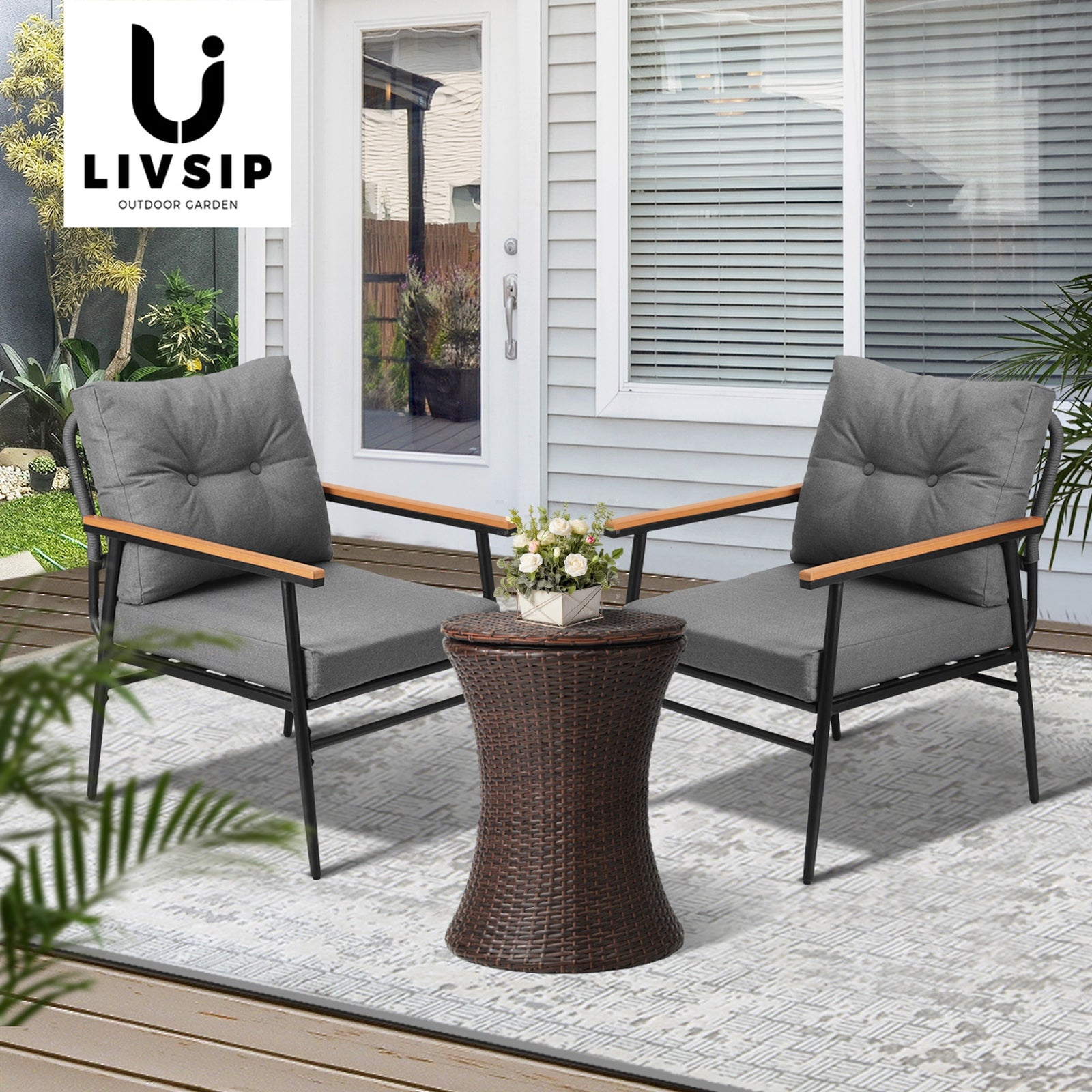 Livsip Outdoor Furniture Lounge Setting Ice Bucket Brown Table 2 Seater - Sunyee