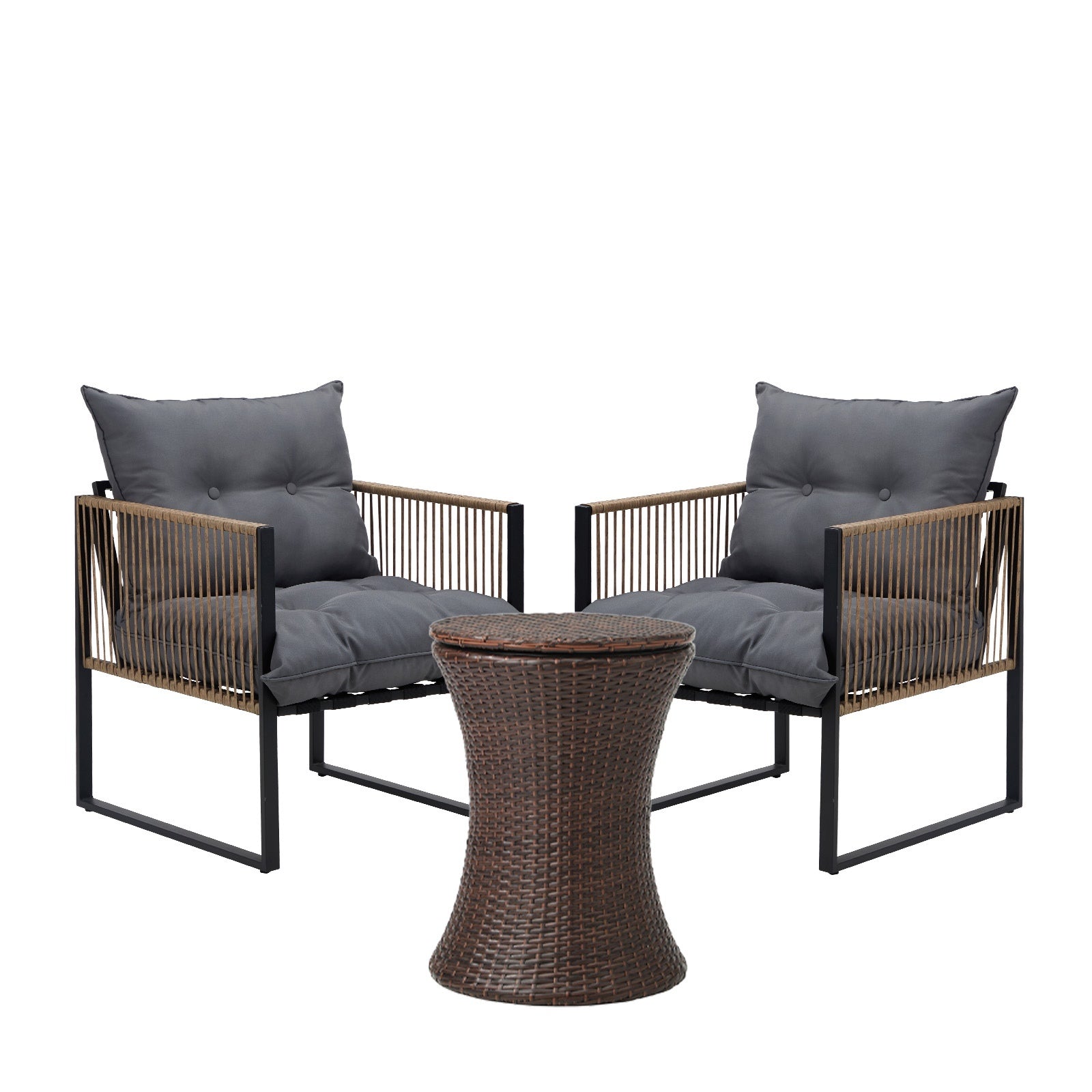 Livsip Outdoor Patio Set Ice Bucket Brown Table Rattan Bistro Setting 3pcs - Sunyee