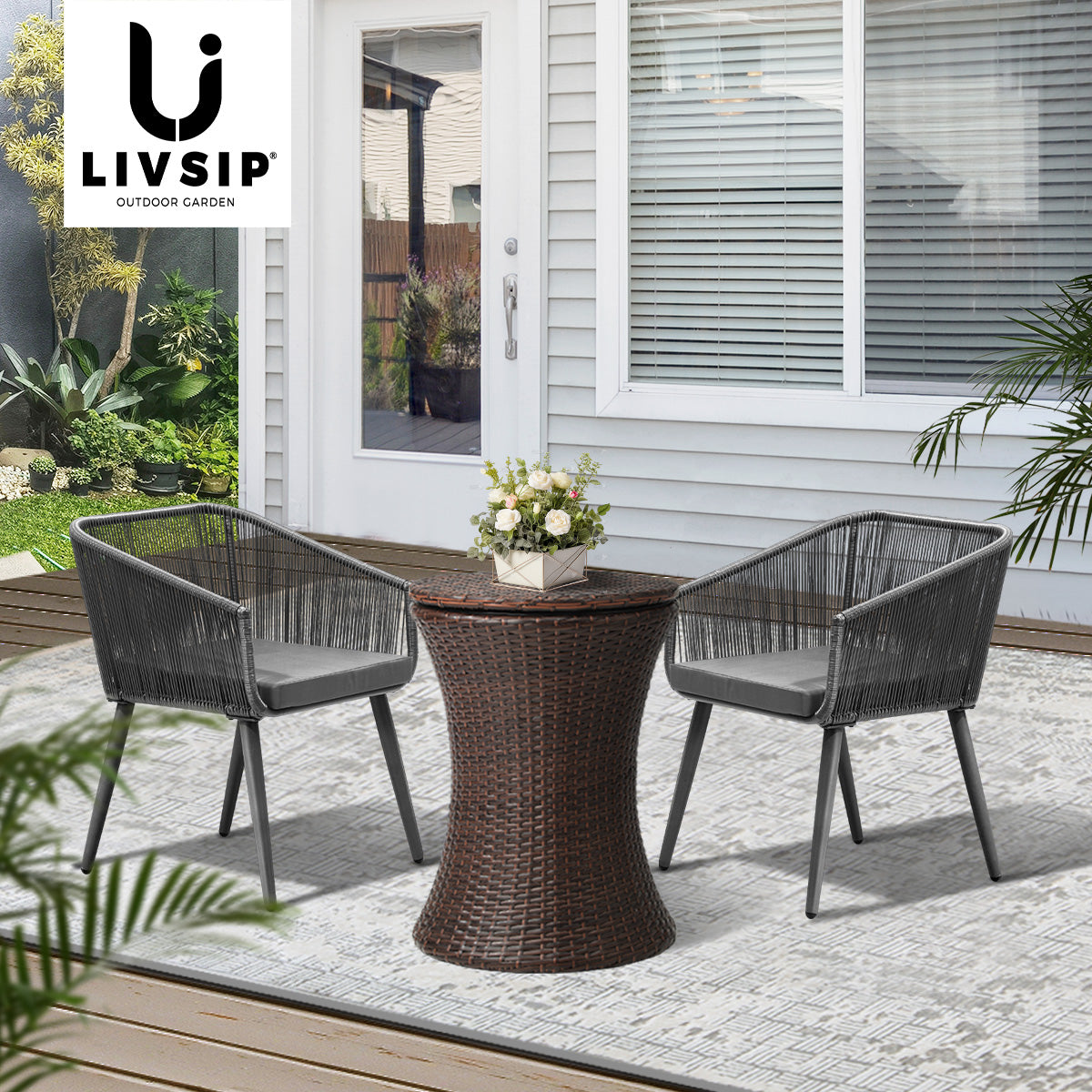 Livsip 3PCS Outdoor Furniture Lounge Setting Ice Bucket Brown Adjustable Table - Sunyee