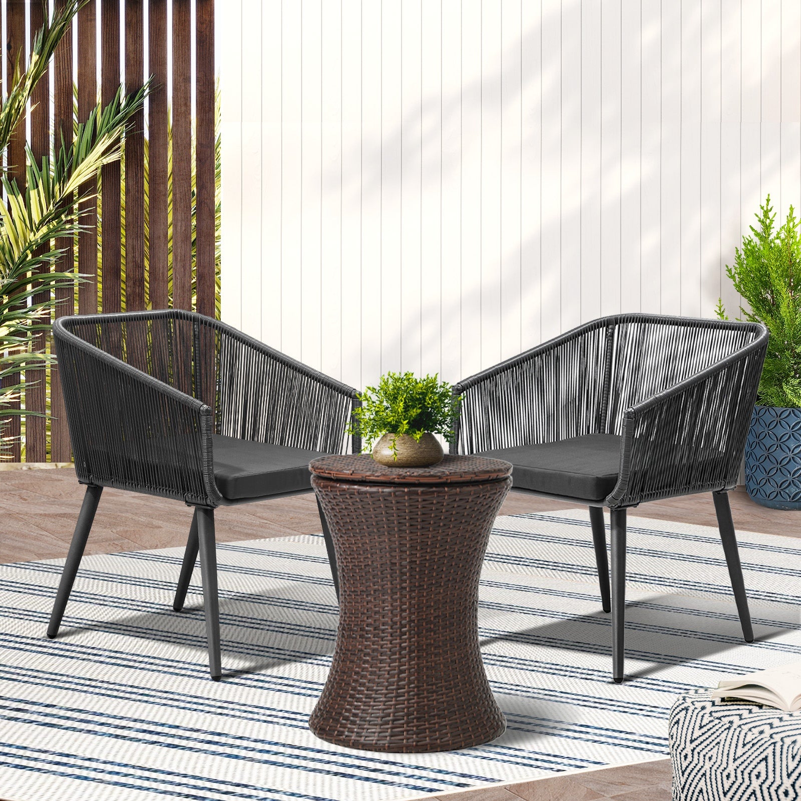 Livsip 3PCS Outdoor Furniture Lounge Setting Ice Bucket Brown Adjustable Table - Sunyee