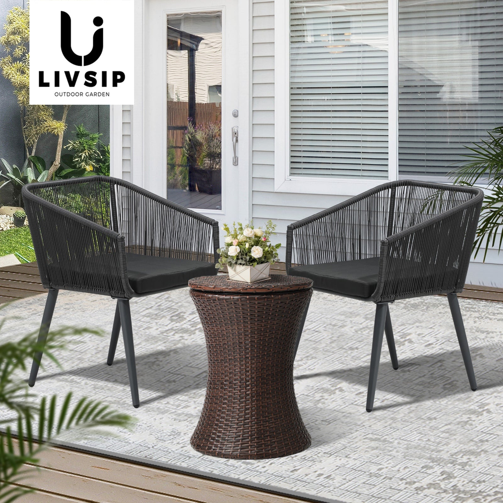 Livsip 3PCS Outdoor Furniture Lounge Setting Ice Bucket Brown Adjustable Table - Sunyee