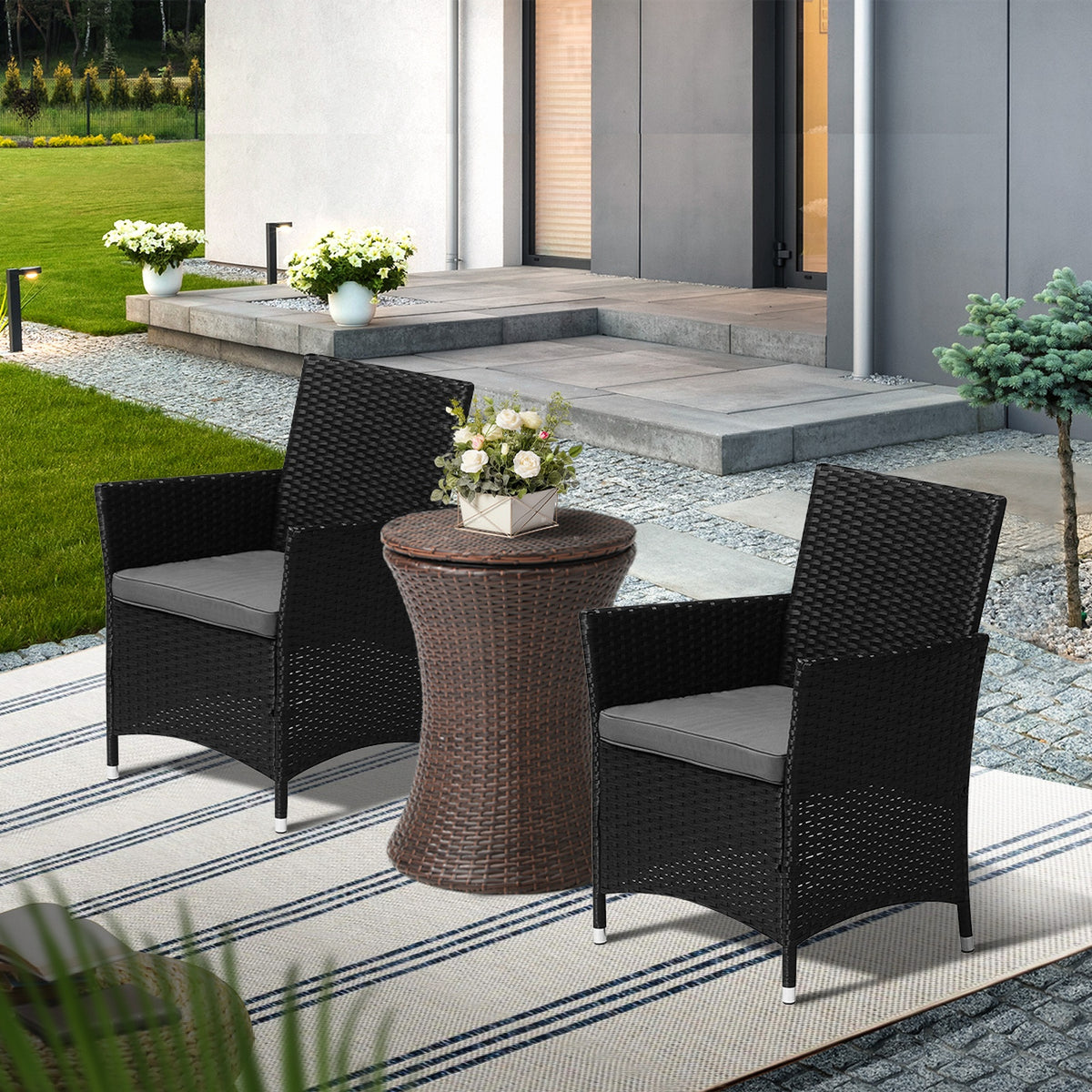 Livsip Outdoor Patio Set Ice Bucket Table Brown Bistro Setting 3pcs - Sunyee