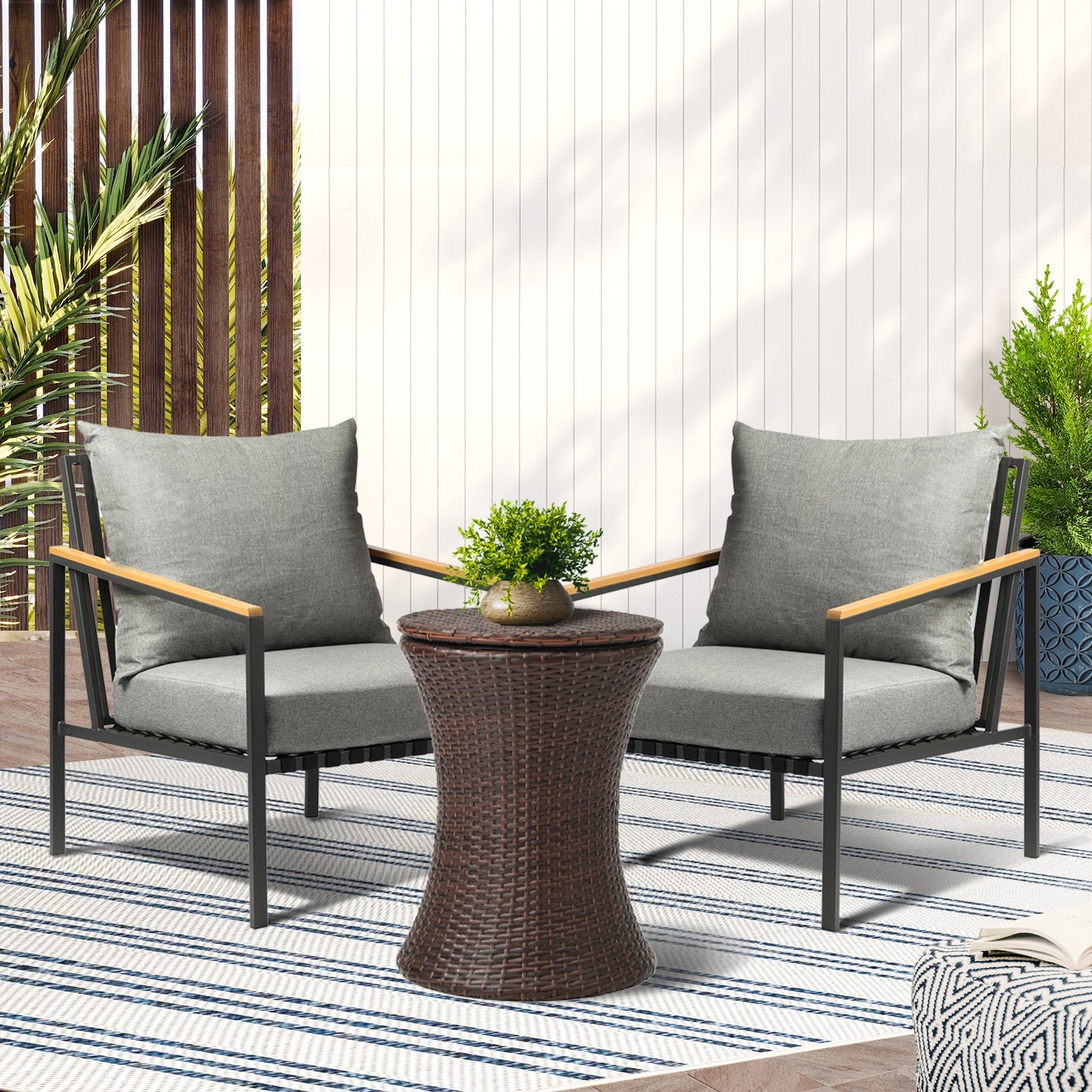 Livsip Outdoor Patio Set Ice Bucket Brown Table Sofa Setting 3pcs - Sunyee