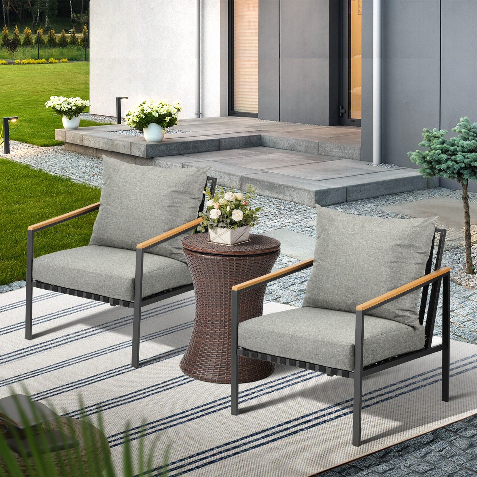 Livsip Outdoor Patio Set Ice Bucket Brown Table Sofa Setting 3pcs - Sunyee
