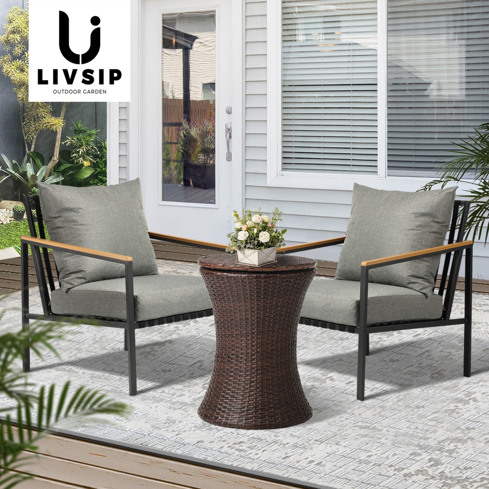 Livsip Outdoor Patio Set Ice Bucket Brown Table Sofa Setting 3pcs - Sunyee