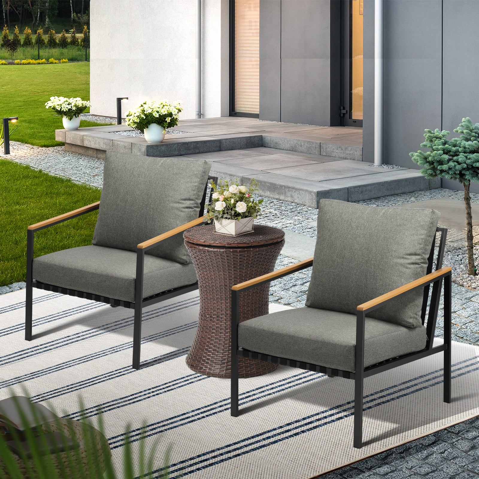 Livsip Outdoor Patio Set Ice Bucket Brown Adjustable Table Sofa Setting 3pcs - Sunyee