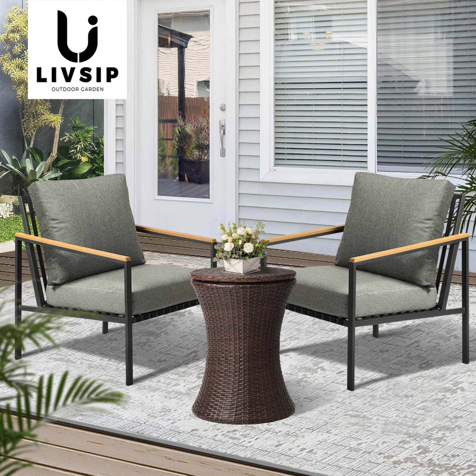 Livsip Outdoor Patio Set Ice Bucket Brown Adjustable Table Sofa Setting 3pcs - Sunyee