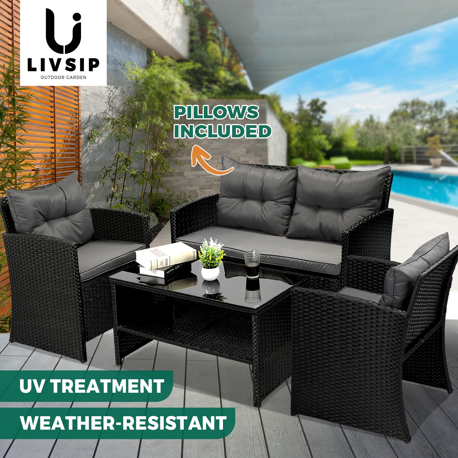 Livsip Outdoor Furniture Lounge Setting Wicker Sofa Chair Table Garden Patio Set - Sunyee