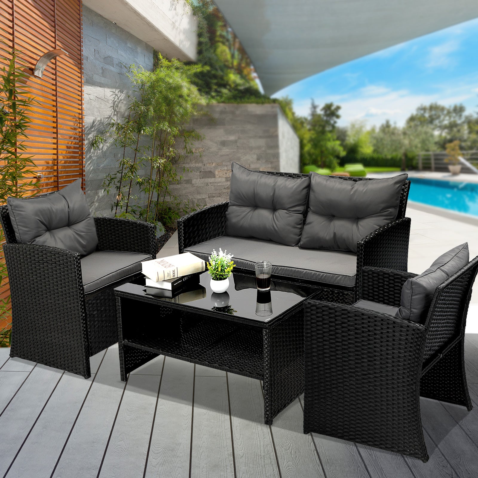 Livsip Outdoor Furniture Lounge Setting Wicker Sofa Chair Table Garden Patio Set - Sunyee