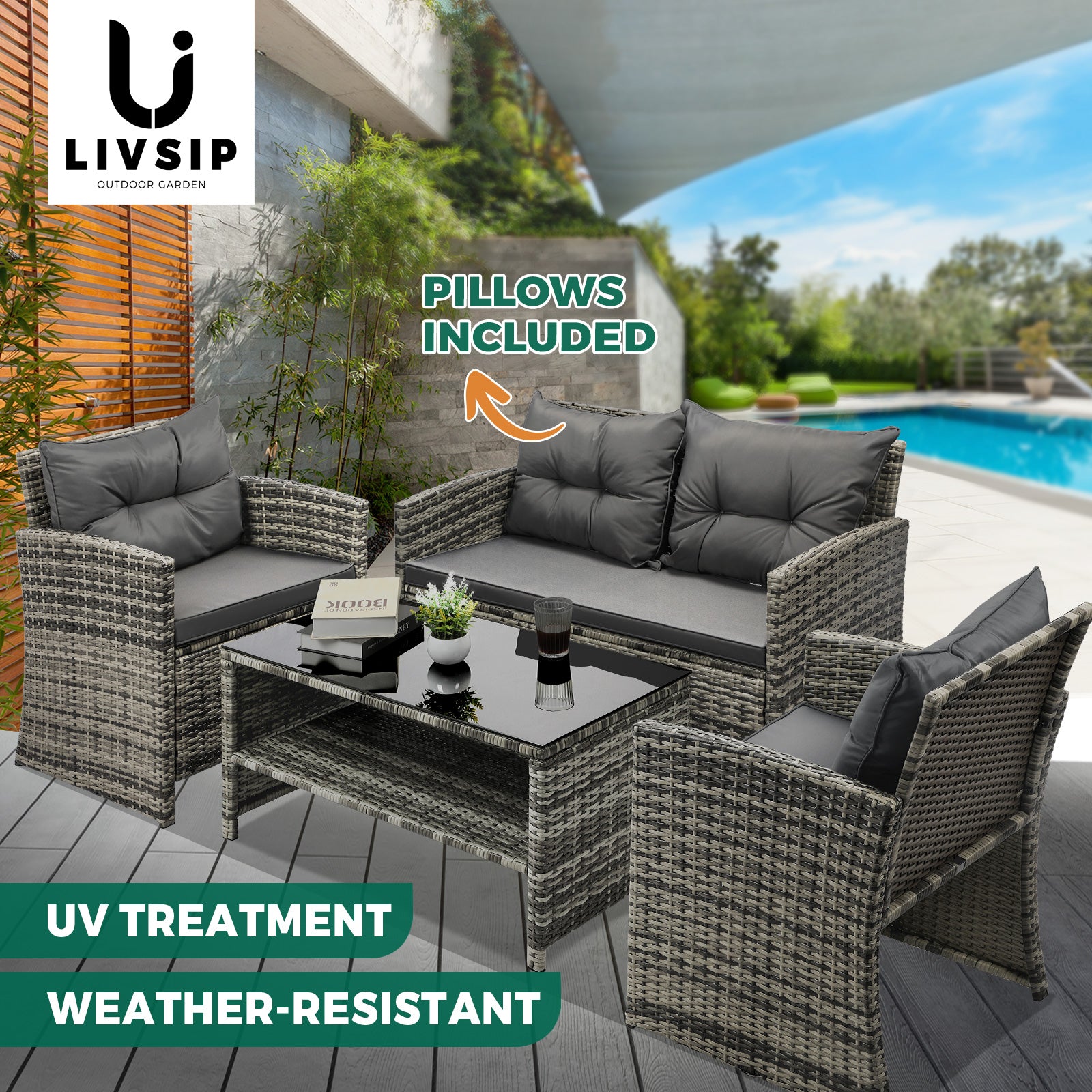 Livsip Outdoor Sofa Set Patio Furniture Wicker Table Chair Garden Lounge 4Piece - Sunyee