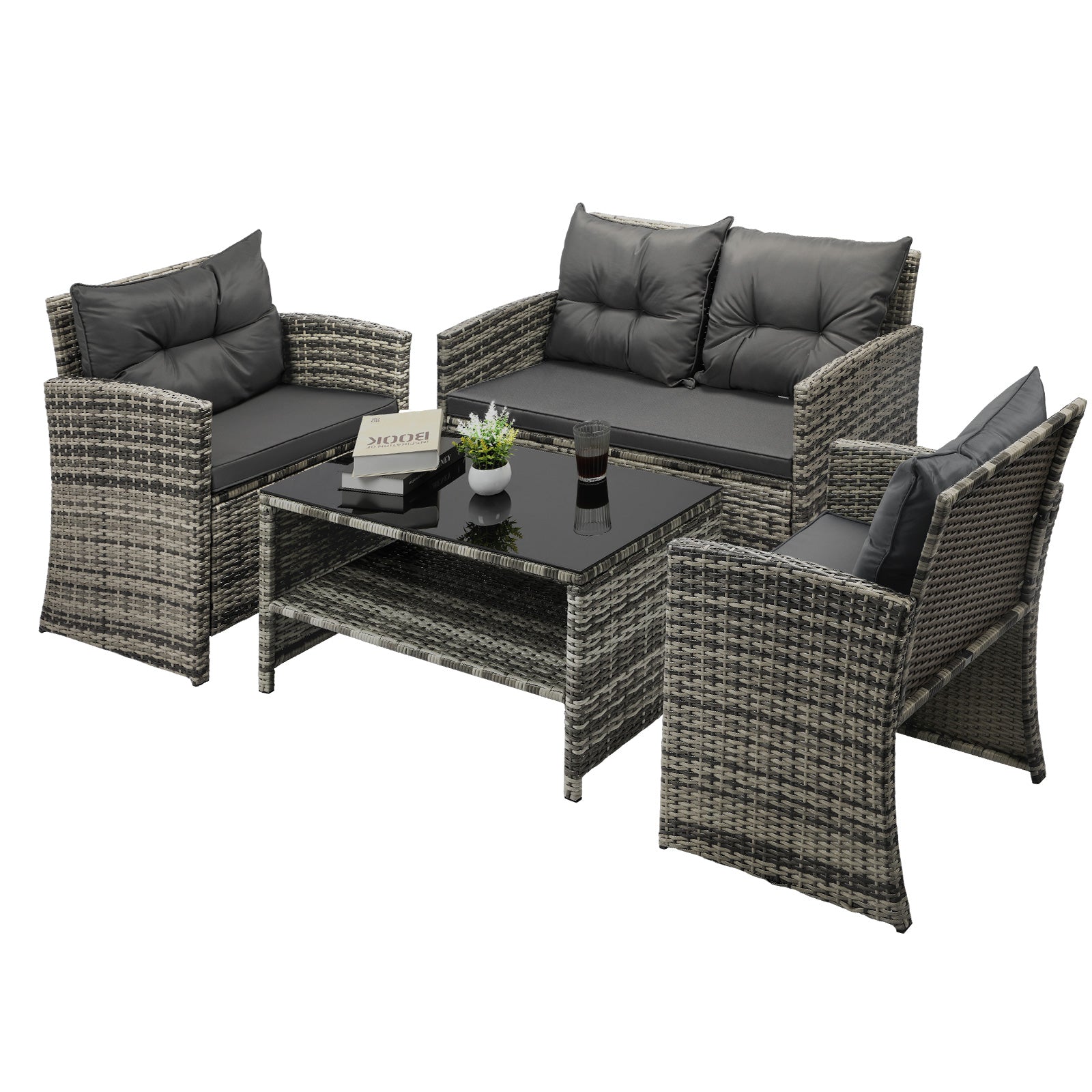 Livsip Outdoor Sofa Set Patio Furniture Wicker Table Chair Garden Lounge 4Piece - Sunyee